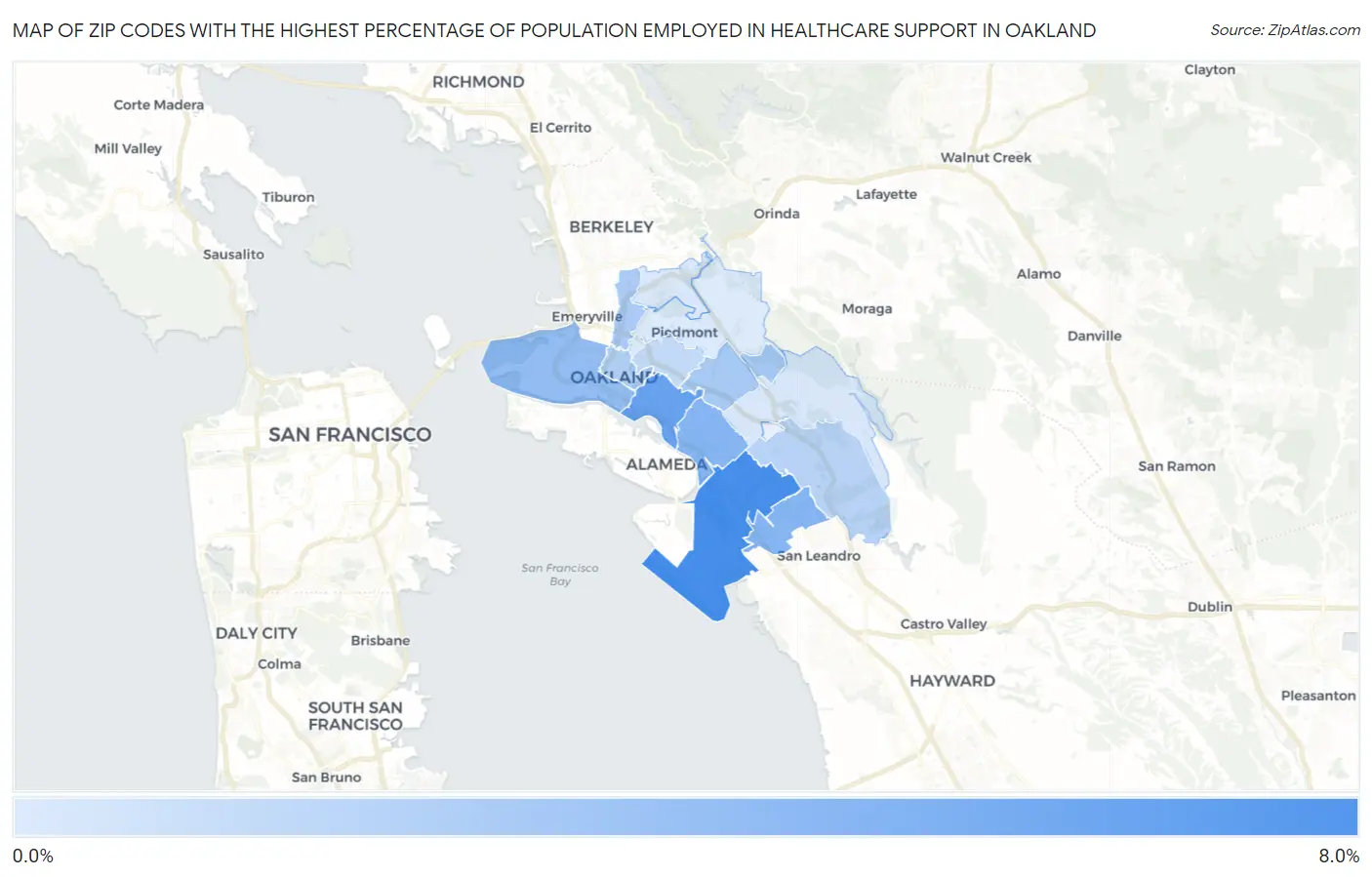 Zip Codes with the Highest Percentage of Population Employed in Healthcare Support in Oakland Map