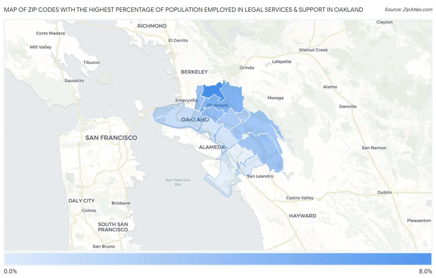 Zip Codes with the Highest Percentage of Population Employed in Legal Services & Support in Oakland Map