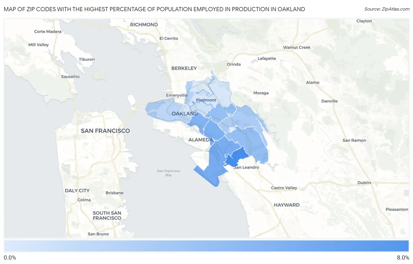 Zip Codes with the Highest Percentage of Population Employed in Production in Oakland Map