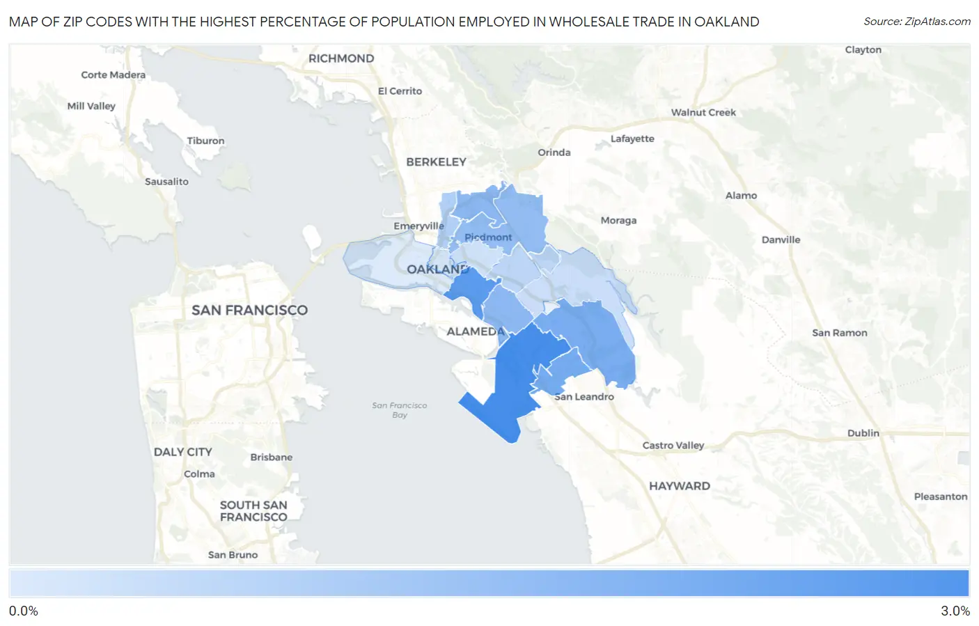 Zip Codes with the Highest Percentage of Population Employed in Wholesale Trade in Oakland Map