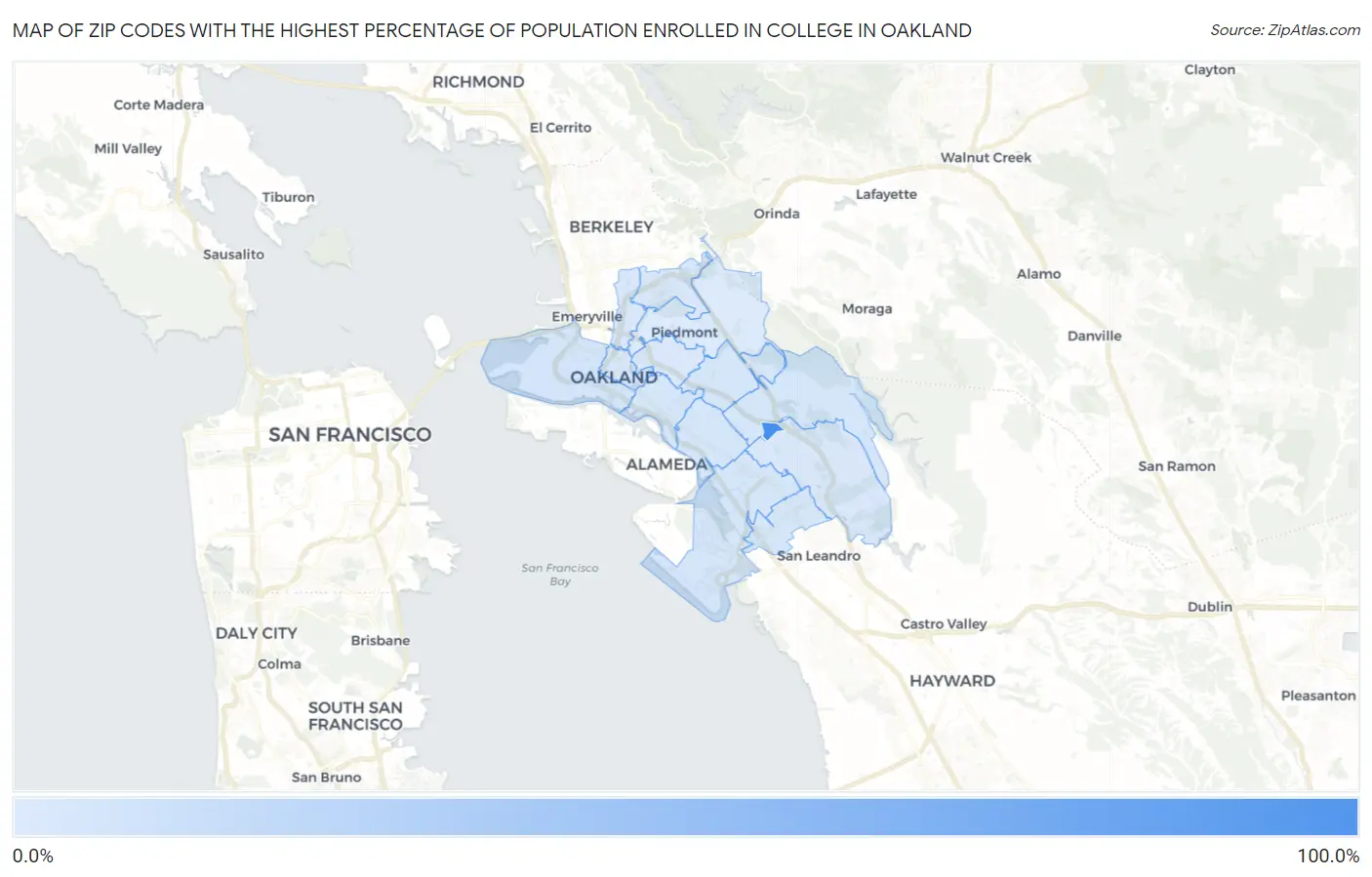 Zip Codes with the Highest Percentage of Population Enrolled in College in Oakland Map