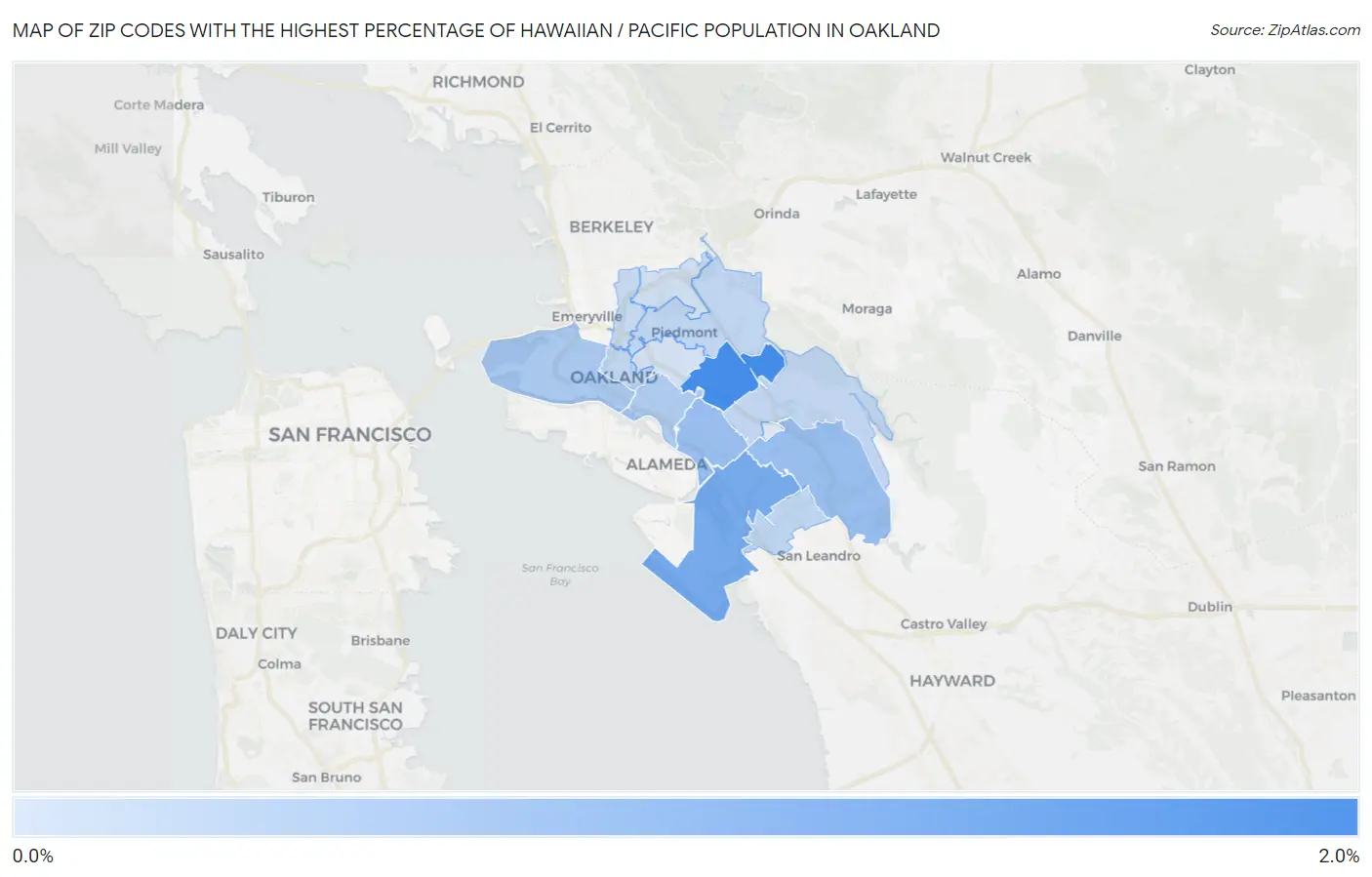 Zip Codes with the Highest Percentage of Hawaiian / Pacific Population in Oakland Map