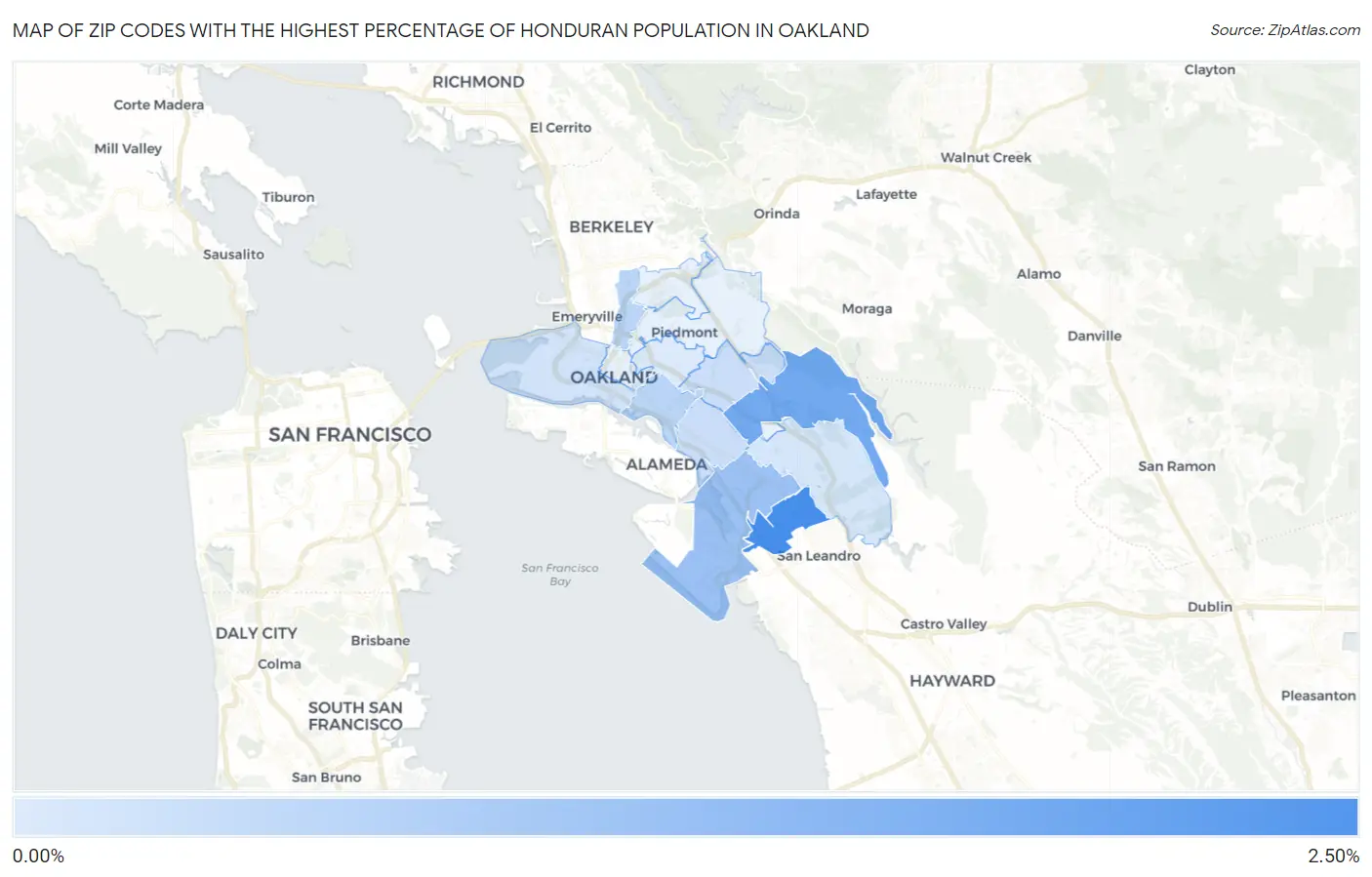 Zip Codes with the Highest Percentage of Honduran Population in Oakland Map