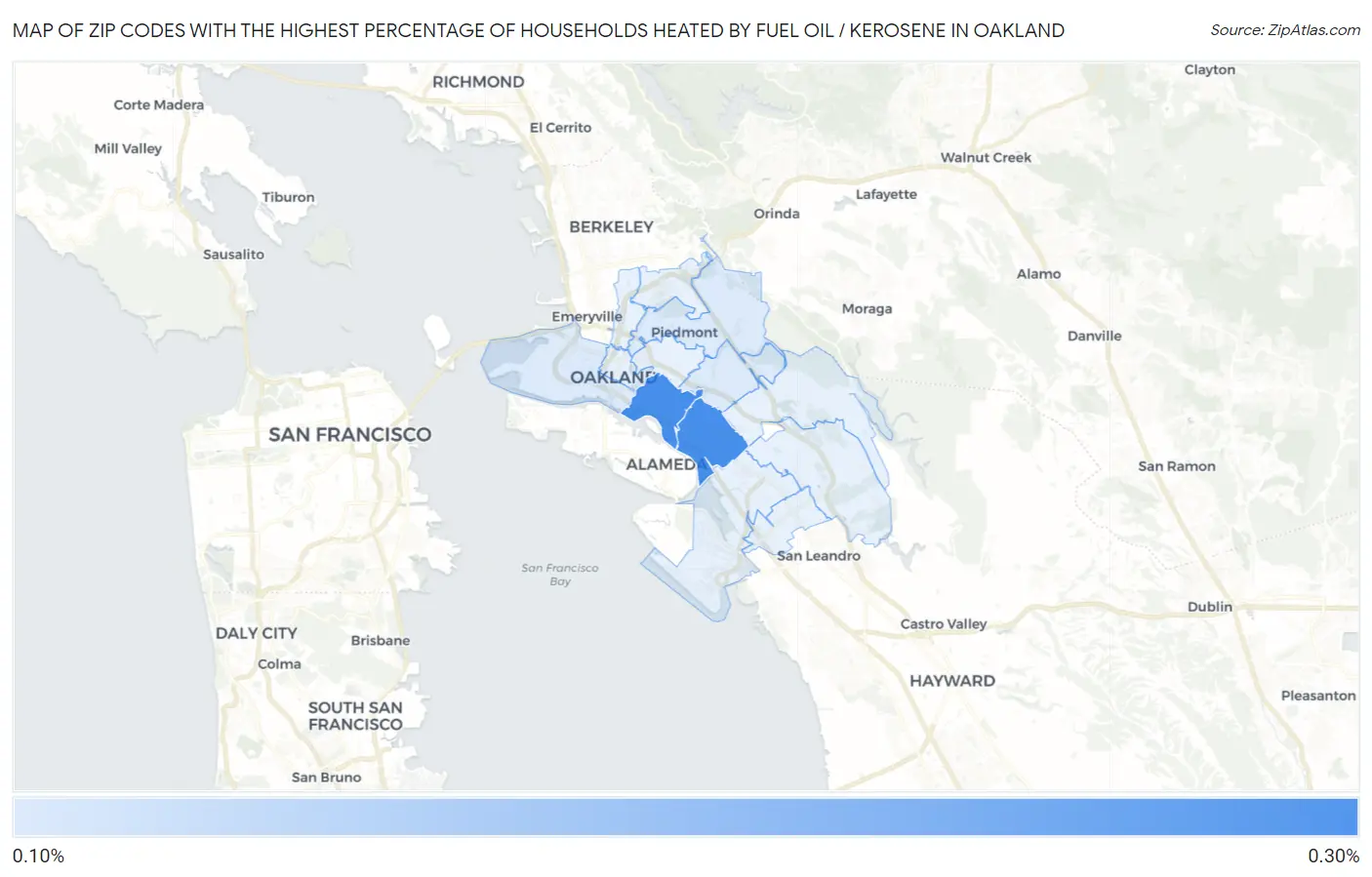 Zip Codes with the Highest Percentage of Households Heated by Fuel Oil / Kerosene in Oakland Map