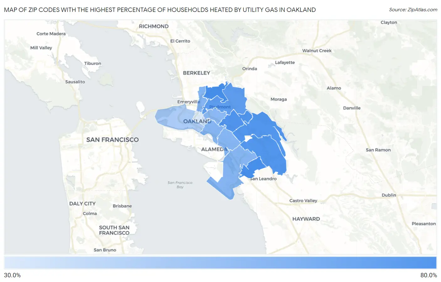 Zip Codes with the Highest Percentage of Households Heated by Utility Gas in Oakland Map