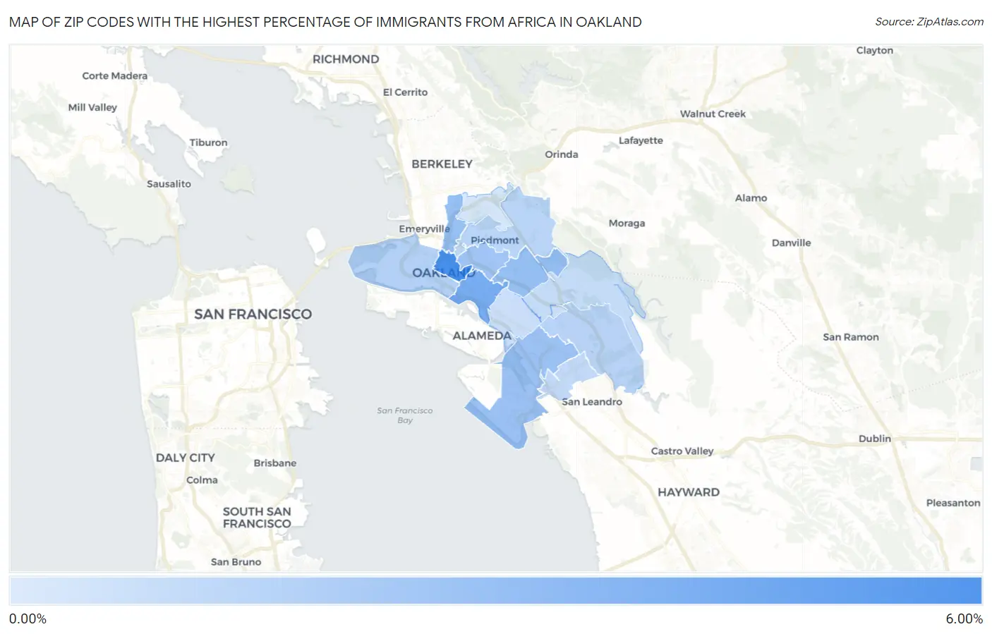 Zip Codes with the Highest Percentage of Immigrants from Africa in Oakland Map