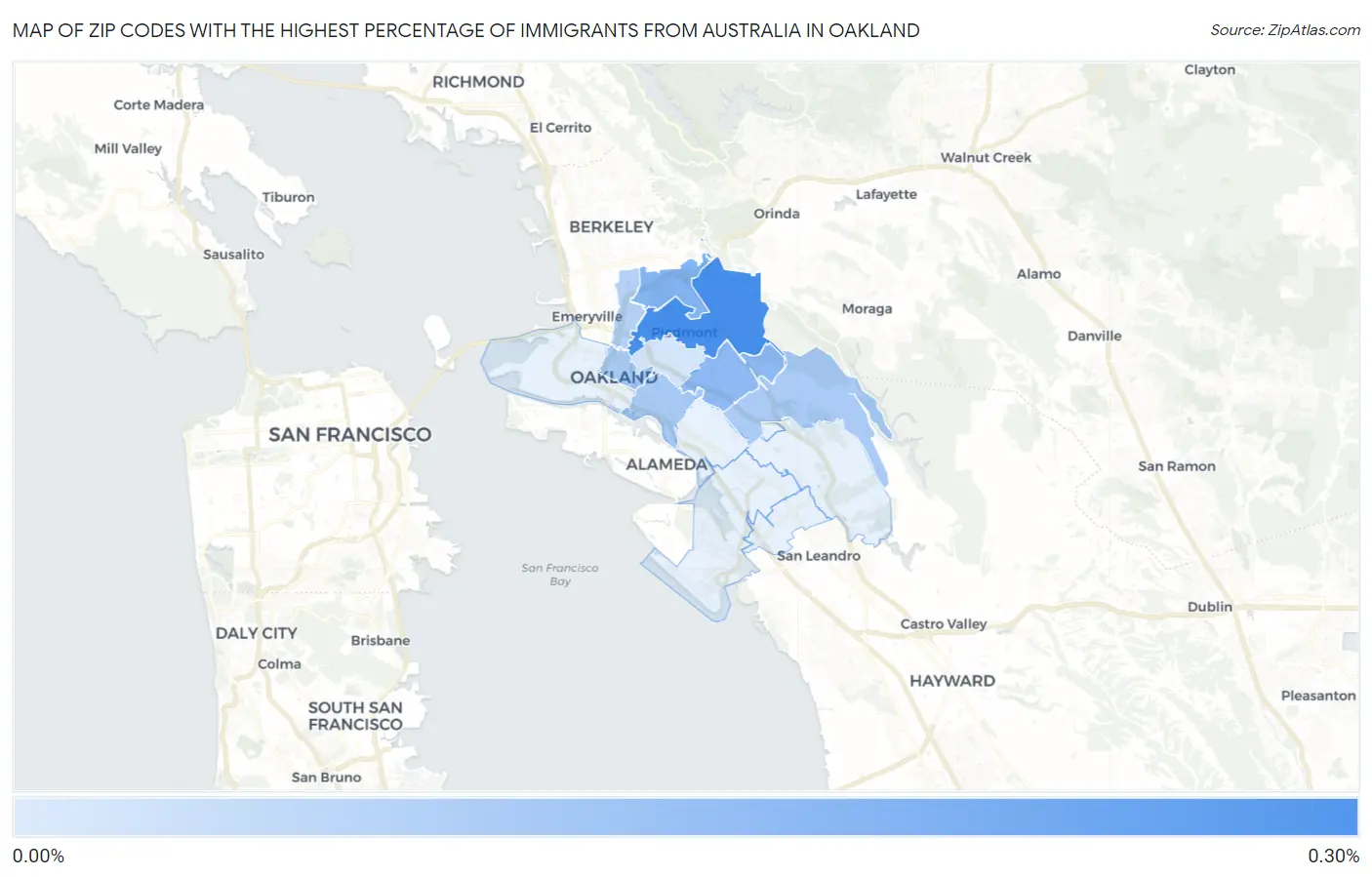 Zip Codes with the Highest Percentage of Immigrants from Australia in Oakland Map