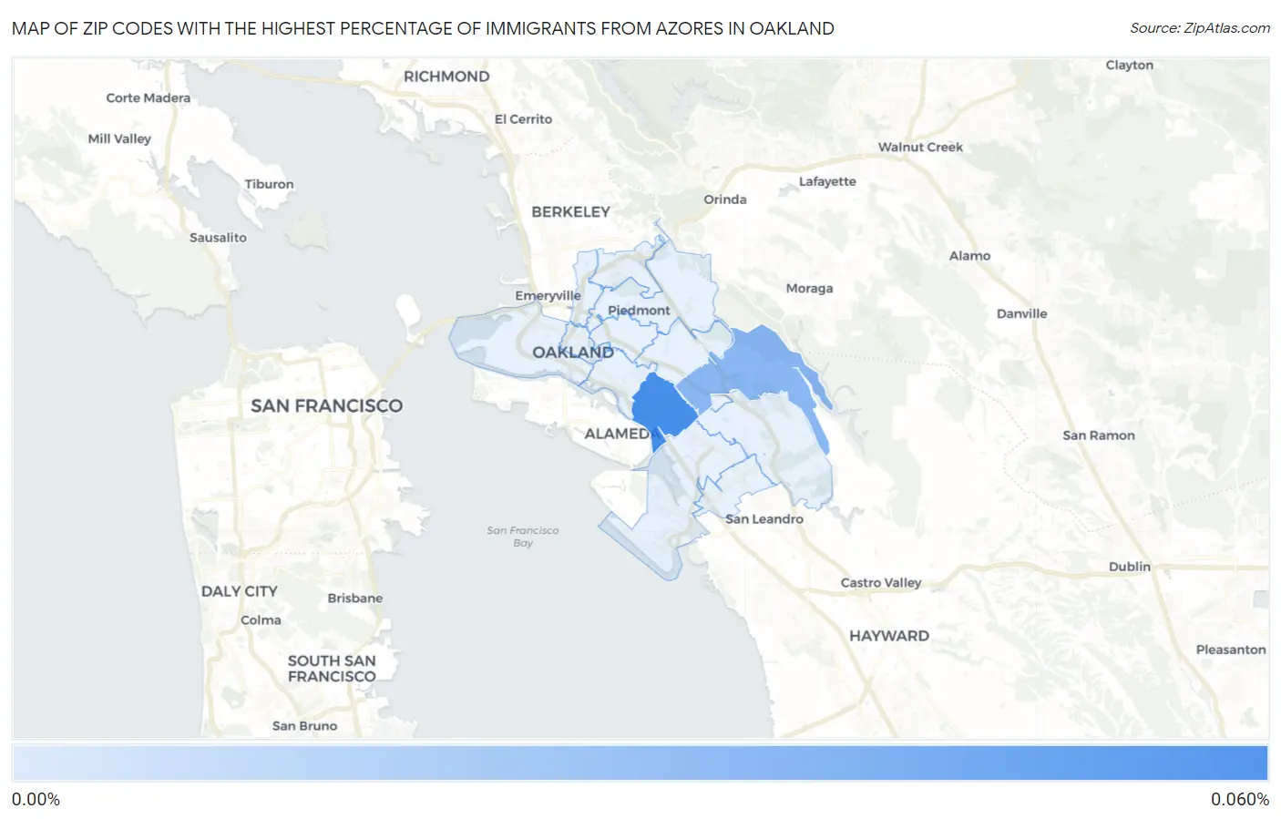 Zip Codes with the Highest Percentage of Immigrants from Azores in Oakland Map