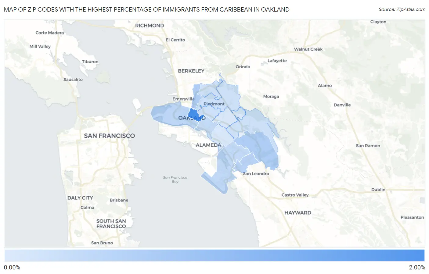 Zip Codes with the Highest Percentage of Immigrants from Caribbean in Oakland Map