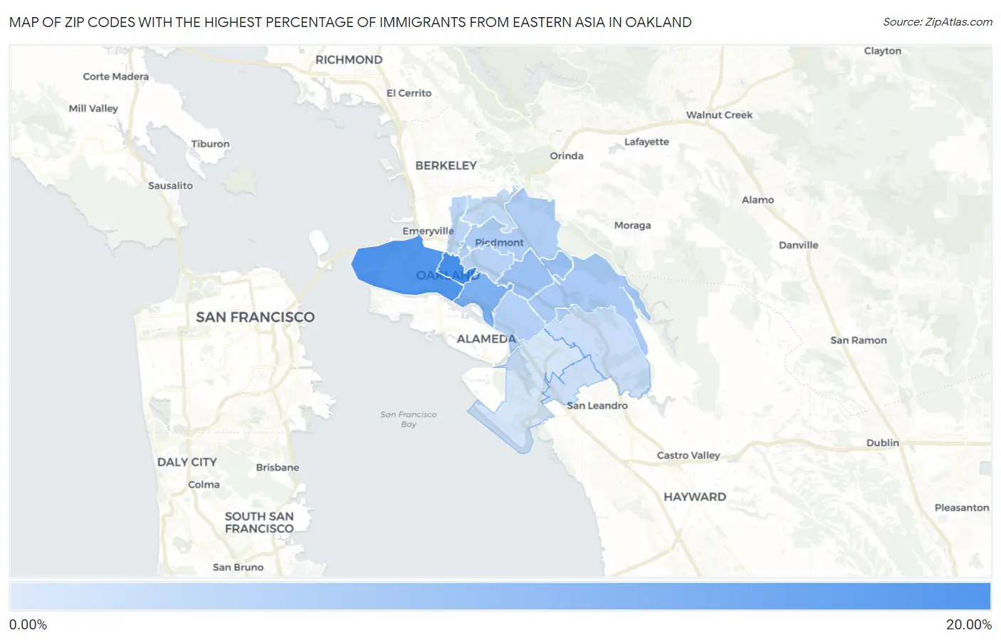 Zip Codes with the Highest Percentage of Immigrants from Eastern Asia in Oakland Map