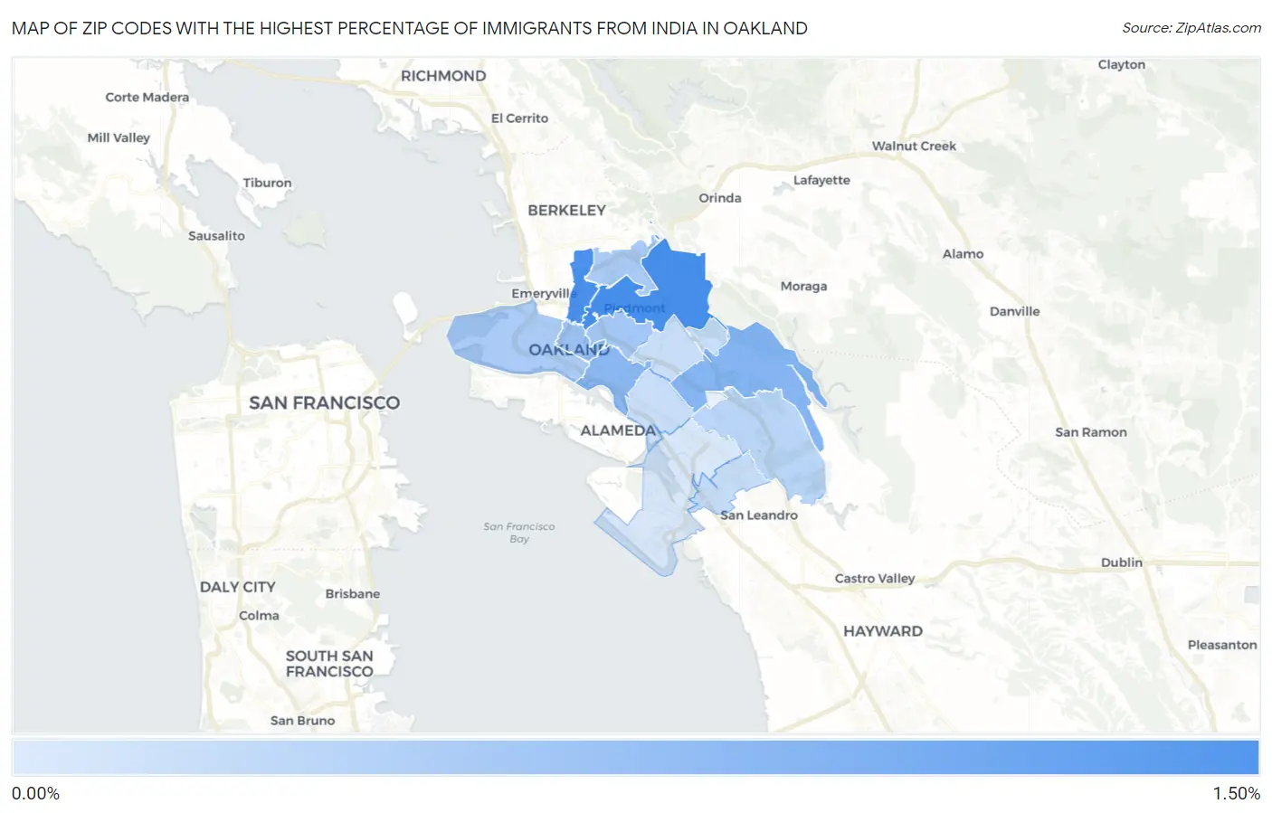 Zip Codes with the Highest Percentage of Immigrants from India in Oakland Map