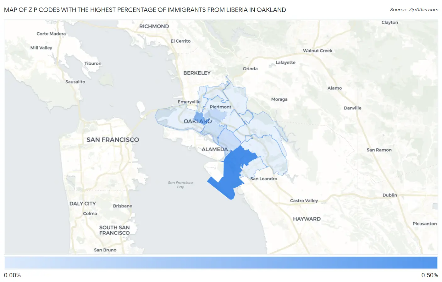 Zip Codes with the Highest Percentage of Immigrants from Liberia in Oakland Map