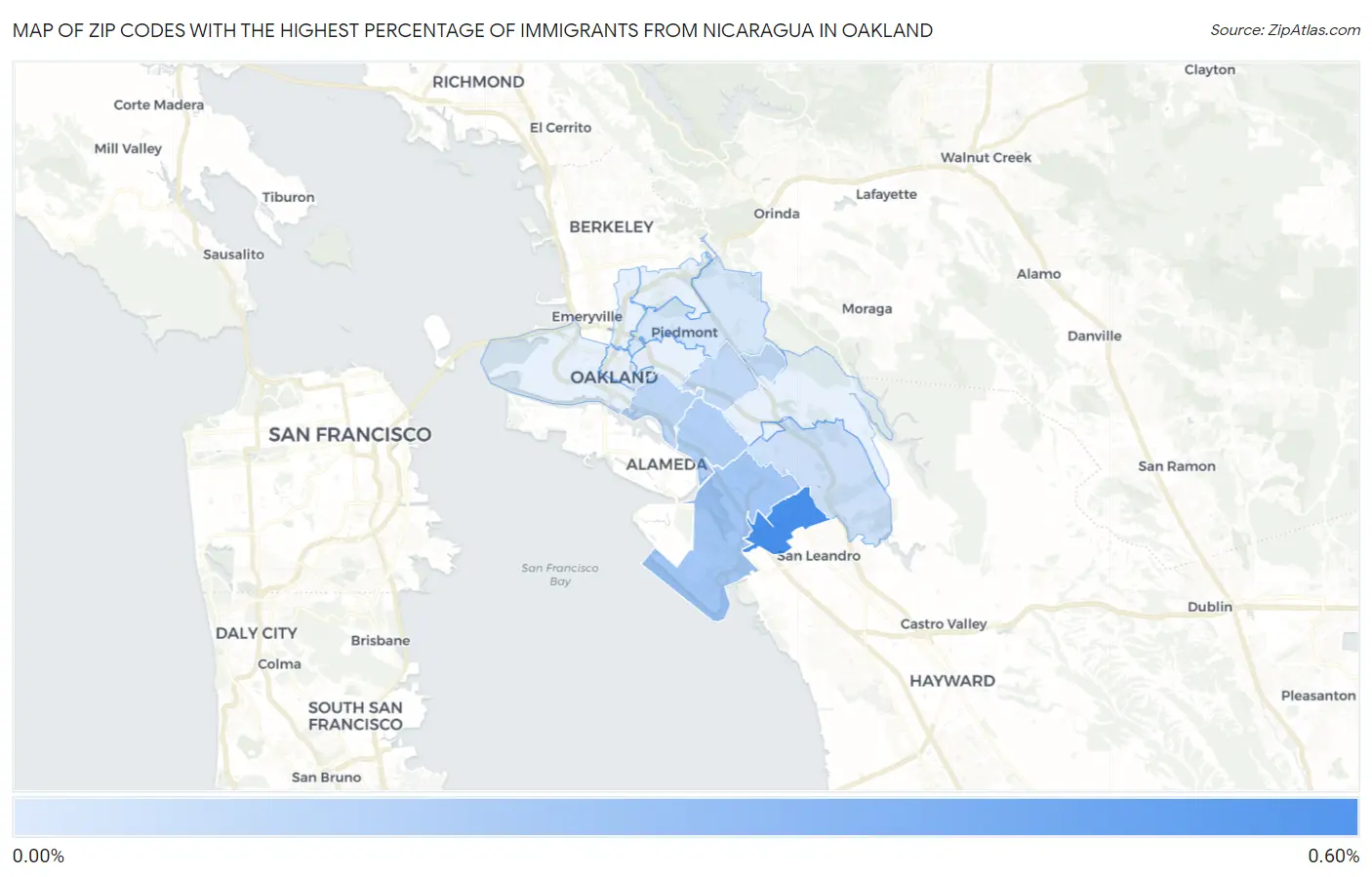 Zip Codes with the Highest Percentage of Immigrants from Nicaragua in Oakland Map