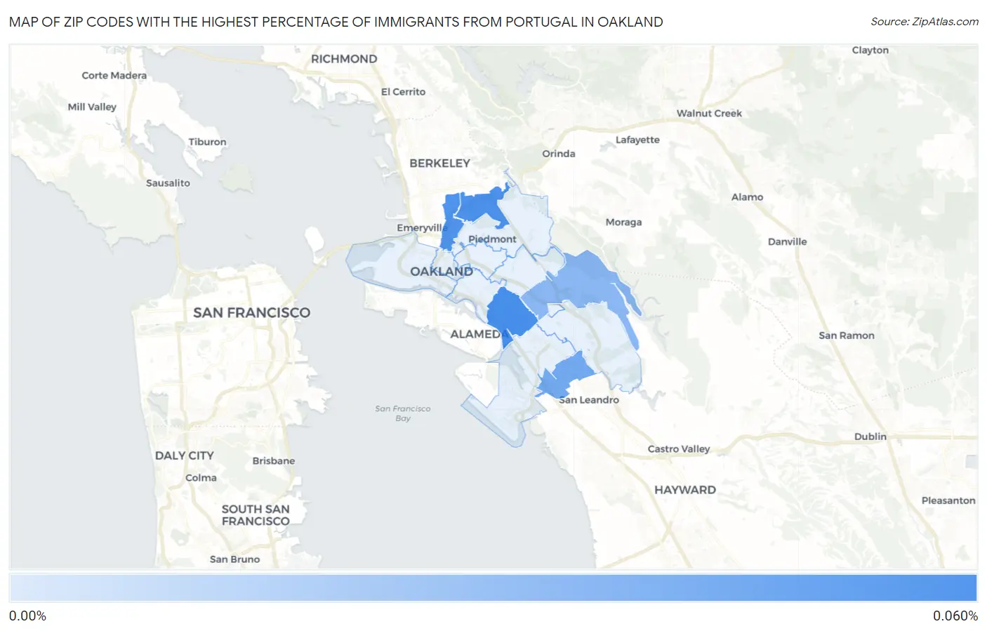 Zip Codes with the Highest Percentage of Immigrants from Portugal in Oakland Map