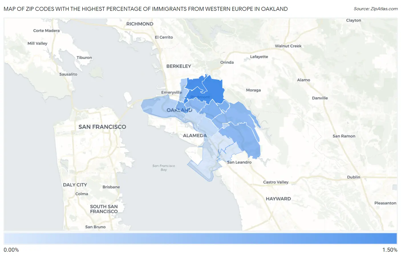 Zip Codes with the Highest Percentage of Immigrants from Western Europe in Oakland Map