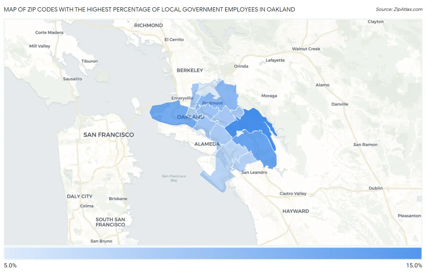 Zip Codes with the Highest Percentage of Local Government Employees in Oakland Map