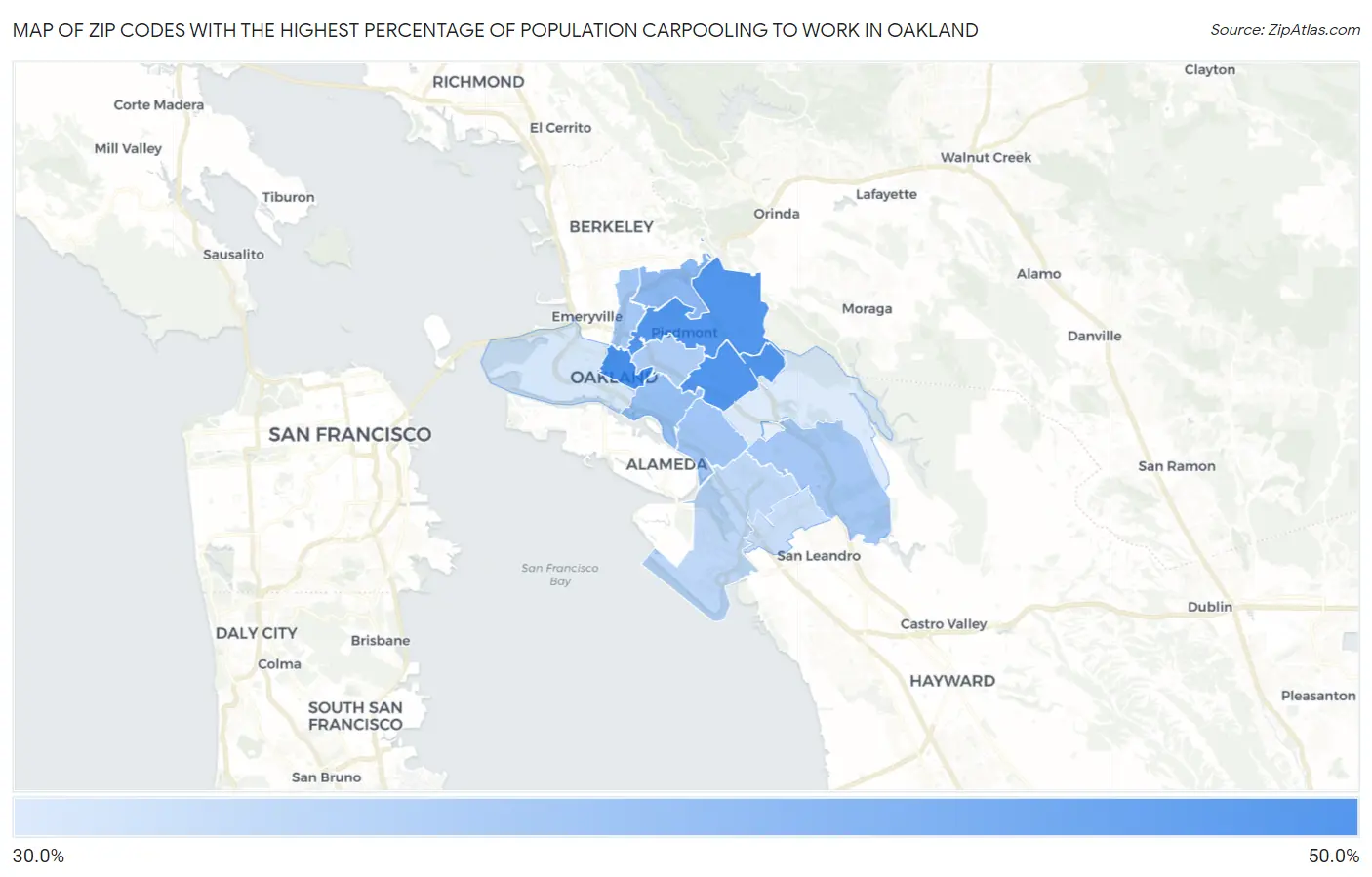 Zip Codes with the Highest Percentage of Population Carpooling to Work in Oakland Map