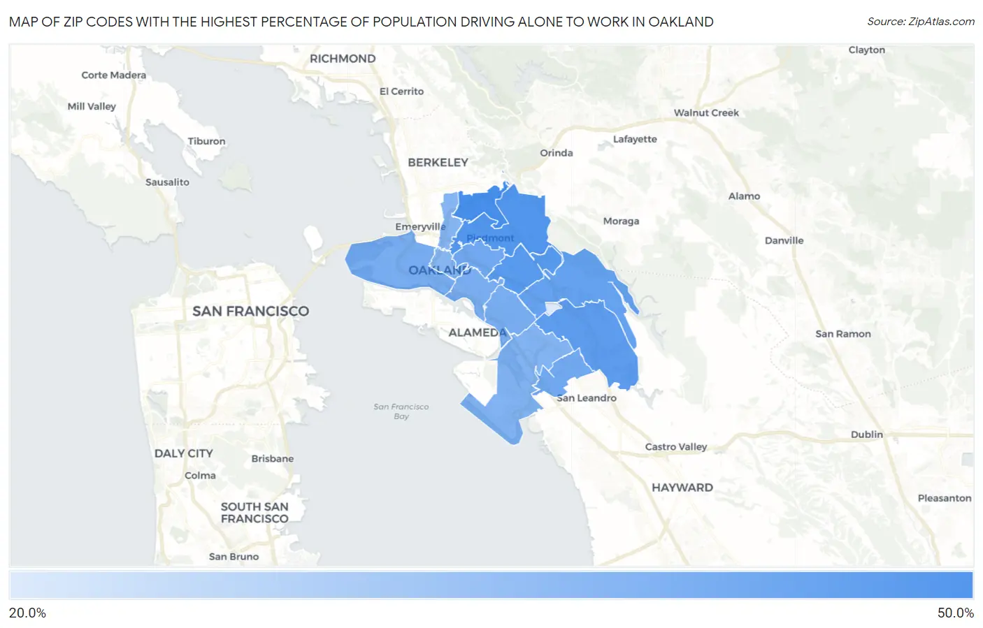 Zip Codes with the Highest Percentage of Population Driving Alone to Work in Oakland Map