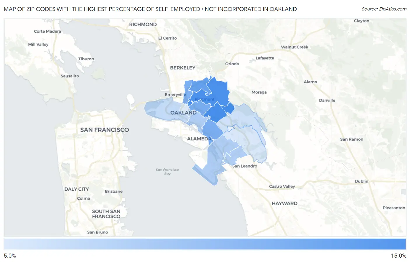 Zip Codes with the Highest Percentage of Self-Employed / Not Incorporated in Oakland Map