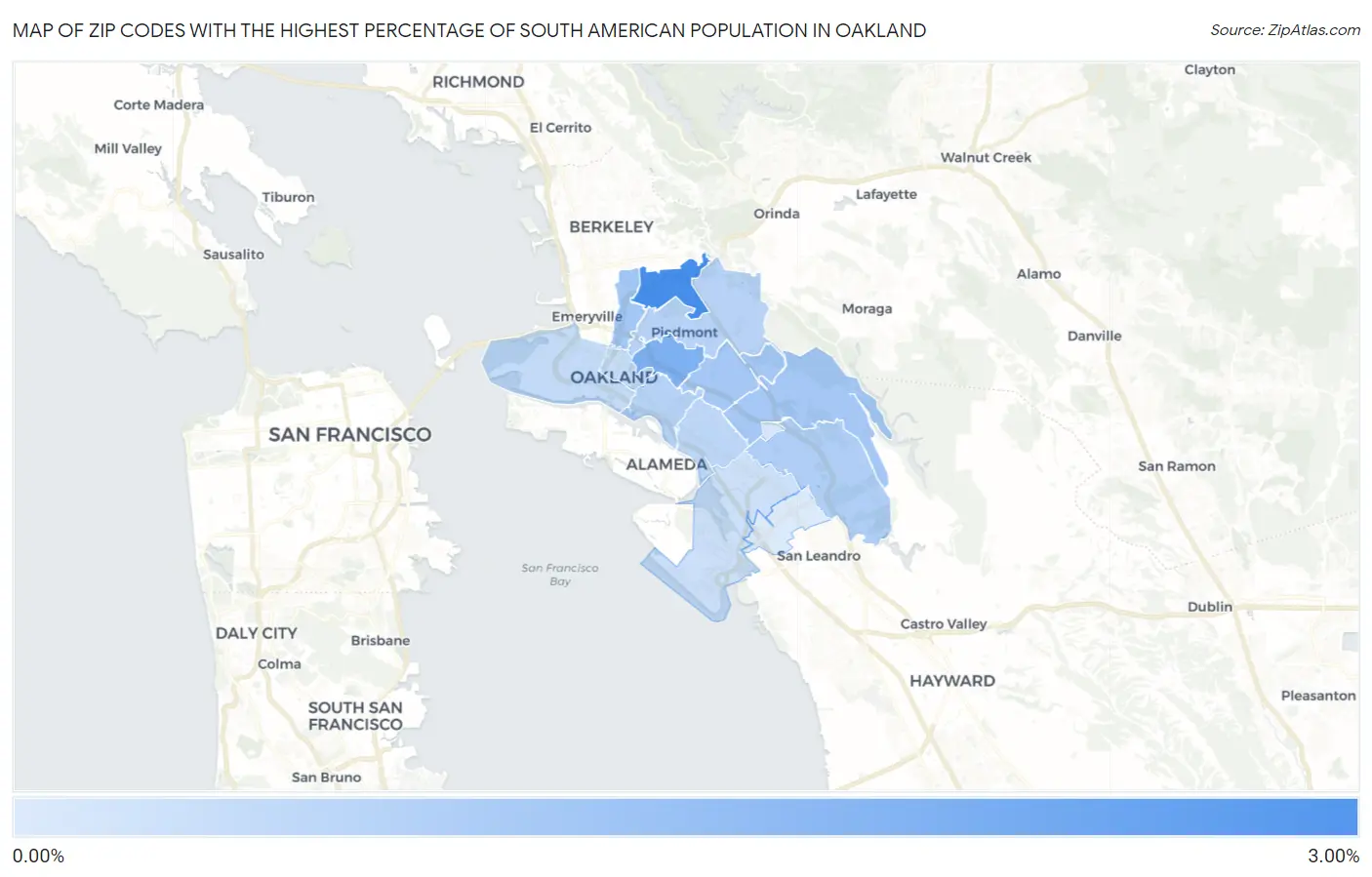 Zip Codes with the Highest Percentage of South American Population in Oakland Map