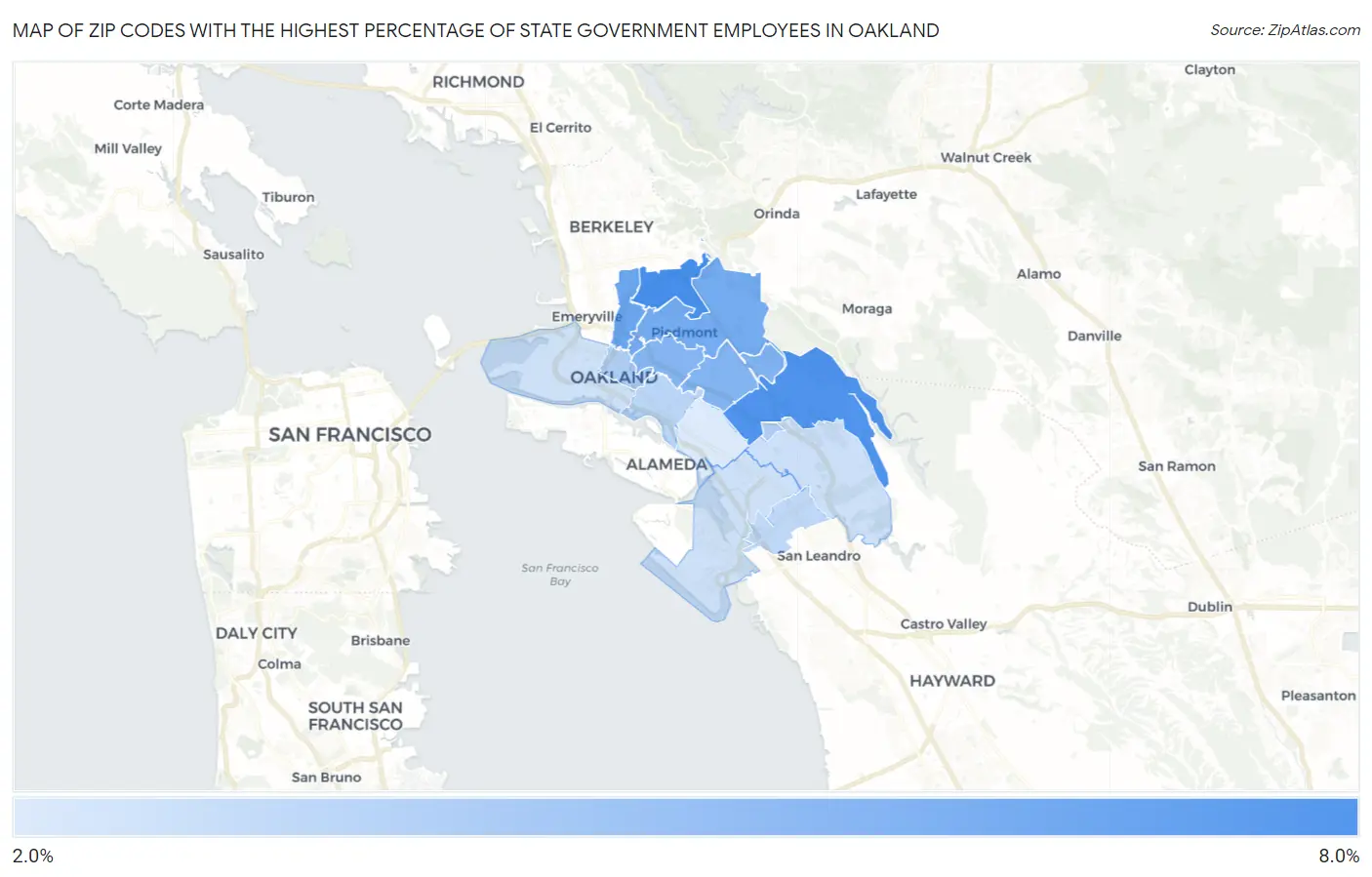 Zip Codes with the Highest Percentage of State Government Employees in Oakland Map