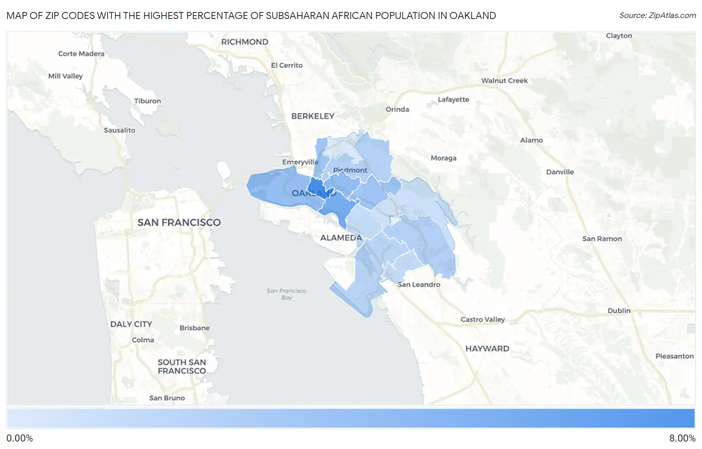 Zip Codes with the Highest Percentage of Subsaharan African Population in Oakland Map