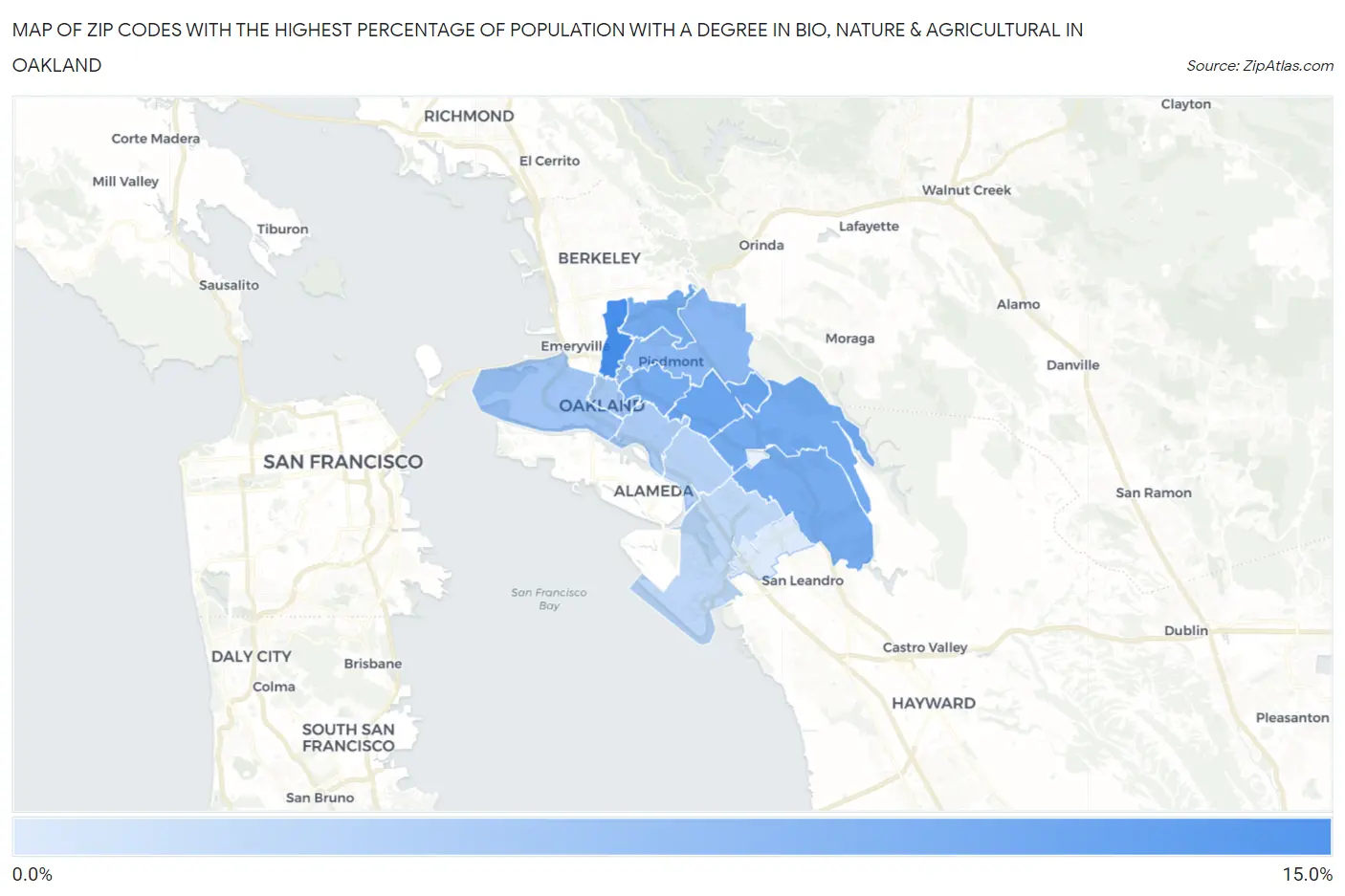 Zip Codes with the Highest Percentage of Population with a Degree in Bio, Nature & Agricultural in Oakland Map
