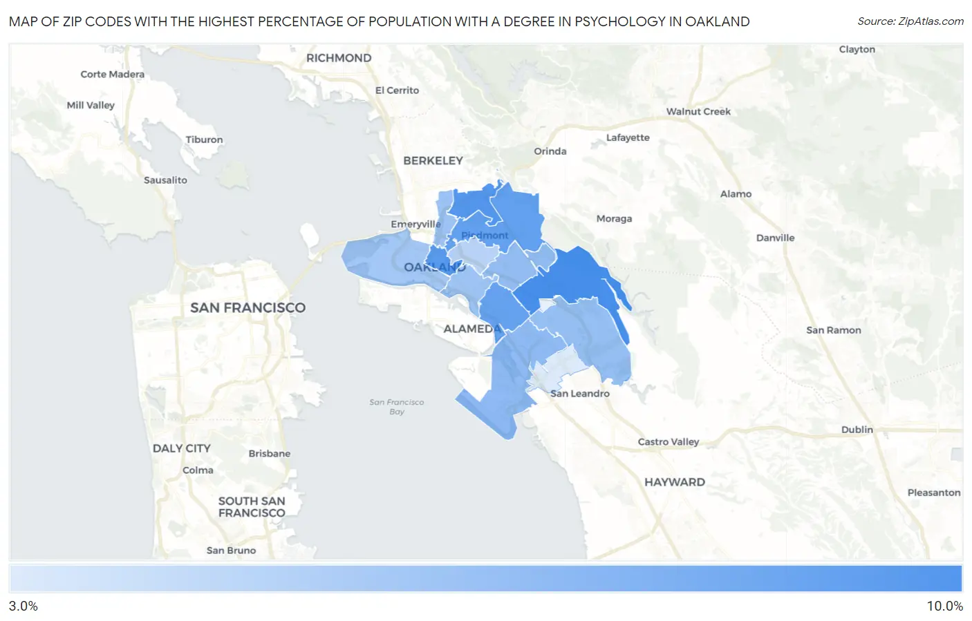 Zip Codes with the Highest Percentage of Population with a Degree in Psychology in Oakland Map