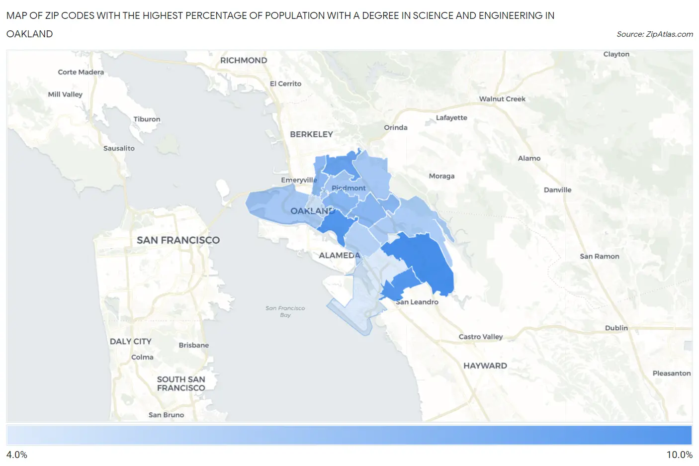 Zip Codes with the Highest Percentage of Population with a Degree in Science and Engineering in Oakland Map