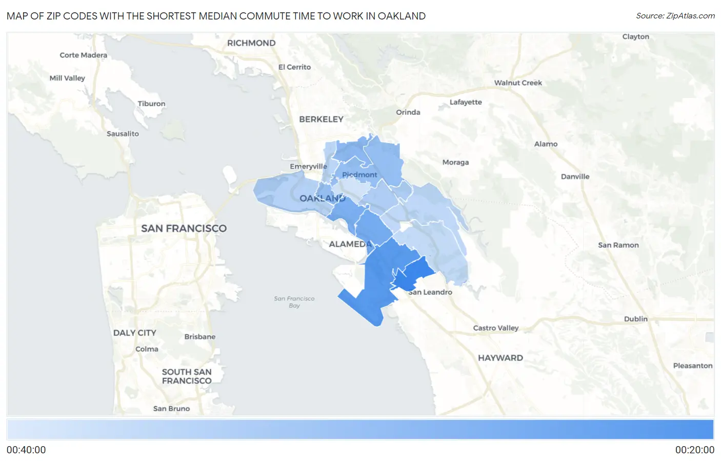 Zip Codes with the Shortest Median Commute Time to Work in Oakland Map