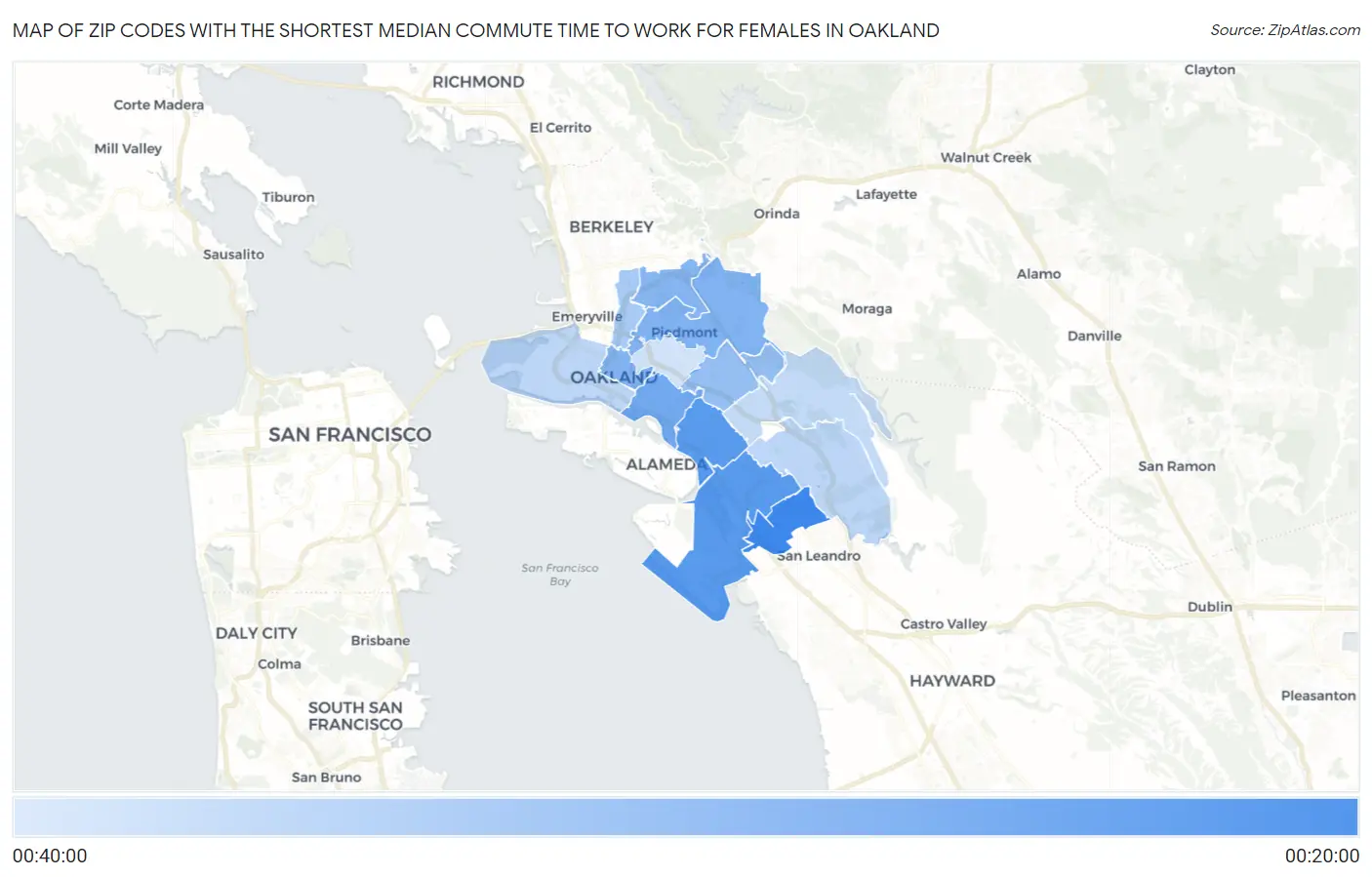 Zip Codes with the Shortest Median Commute Time to Work for Females in Oakland Map