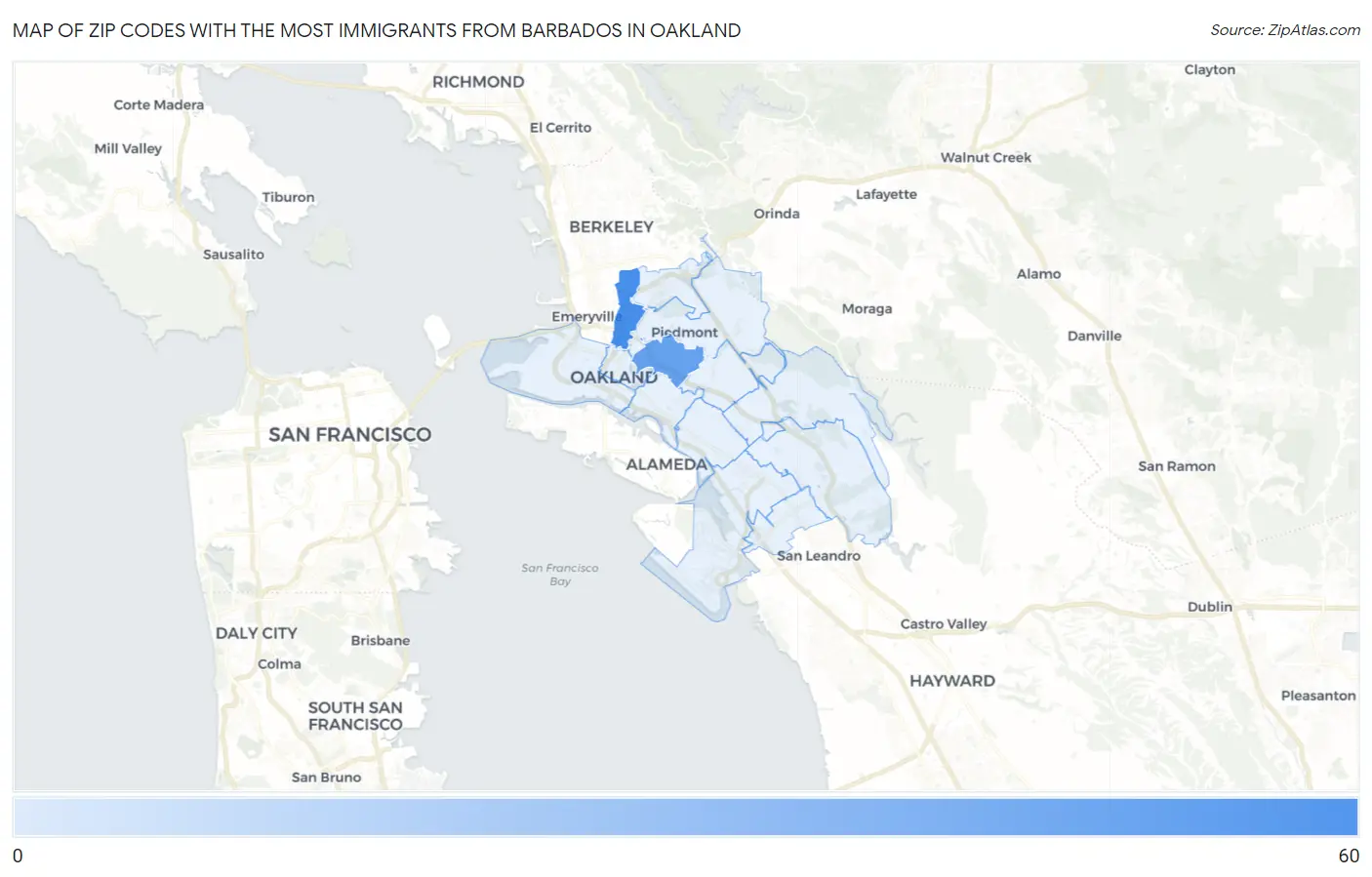 Zip Codes with the Most Immigrants from Barbados in Oakland Map