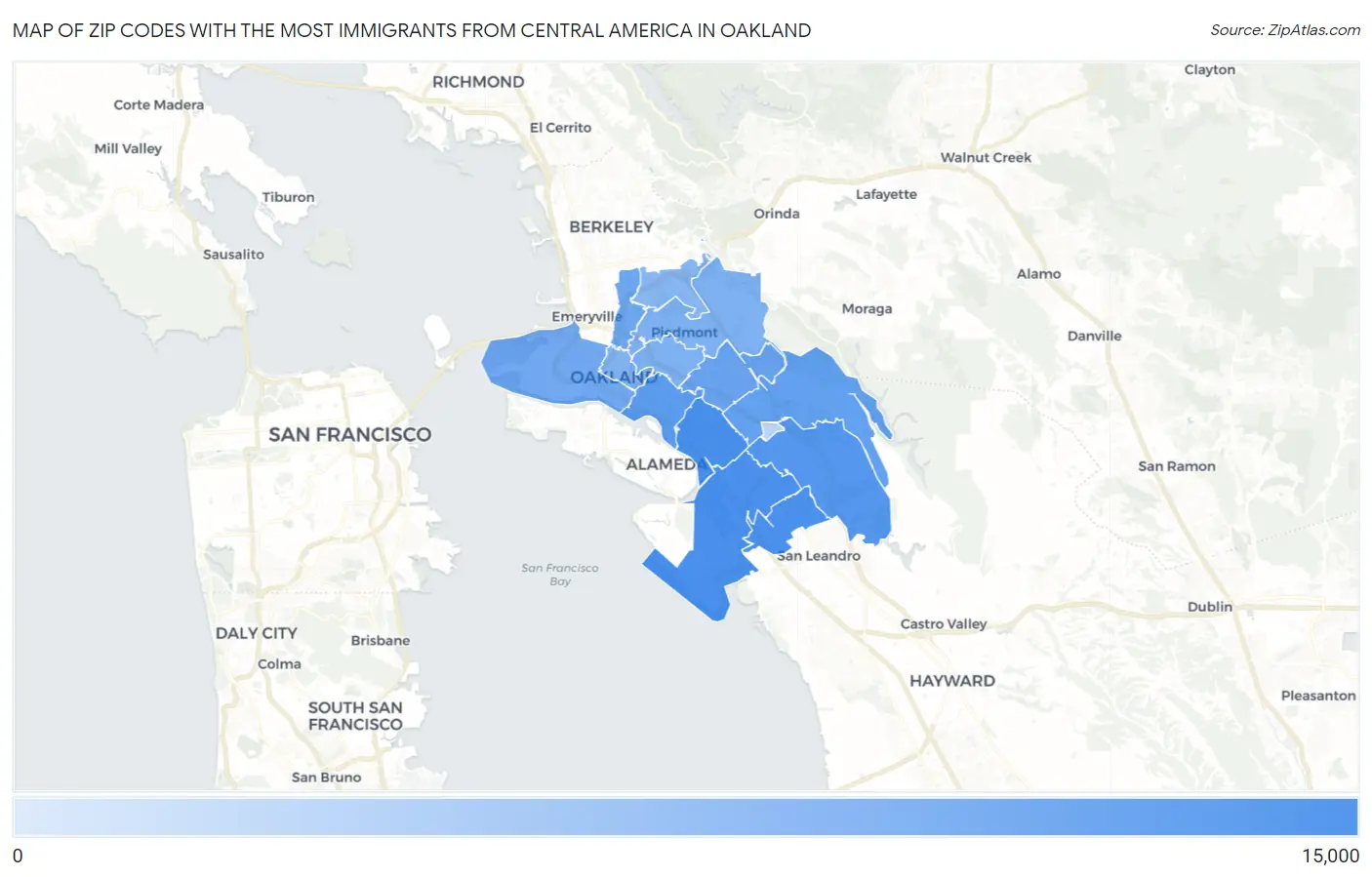 Zip Codes with the Most Immigrants from Central America in Oakland Map