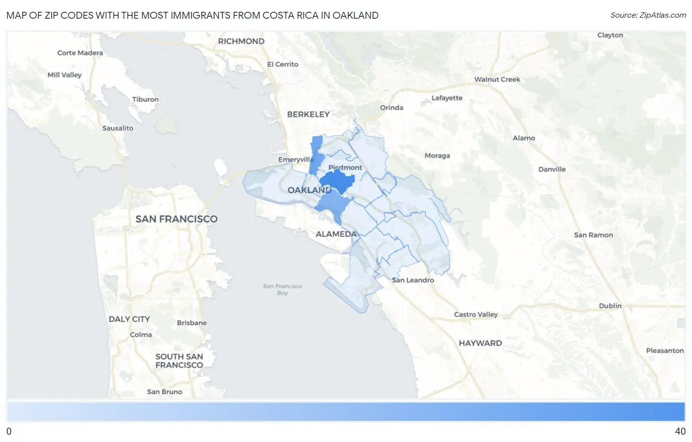 Zip Codes with the Most Immigrants from Costa Rica in Oakland Map