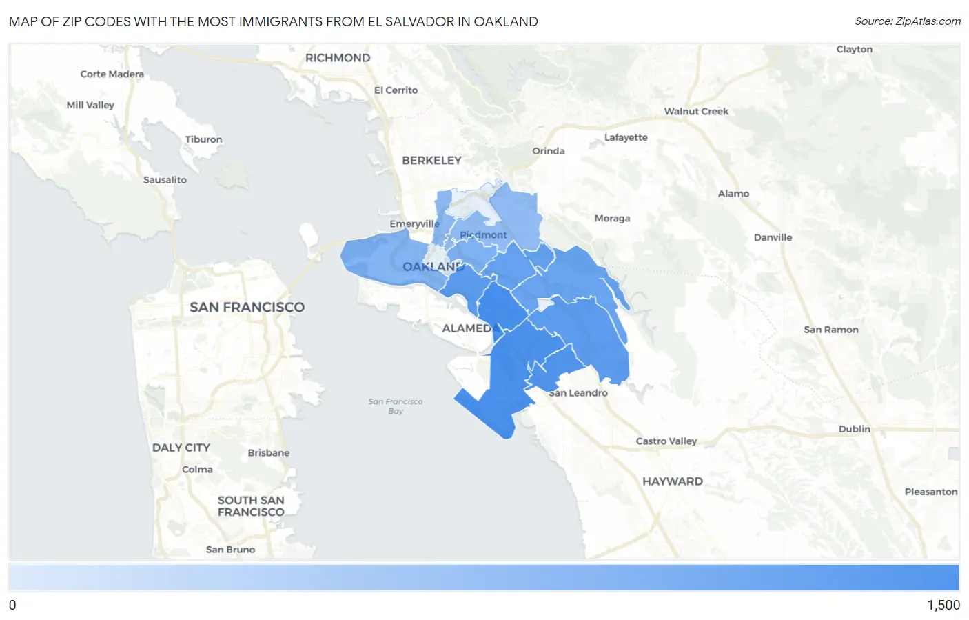 Zip Codes with the Most Immigrants from El Salvador in Oakland Map