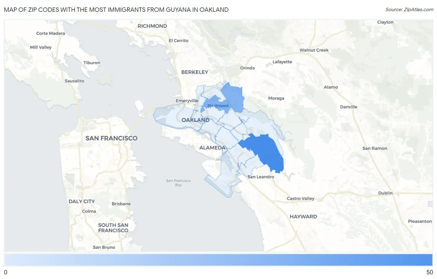 Zip Codes with the Most Immigrants from Guyana in Oakland Map