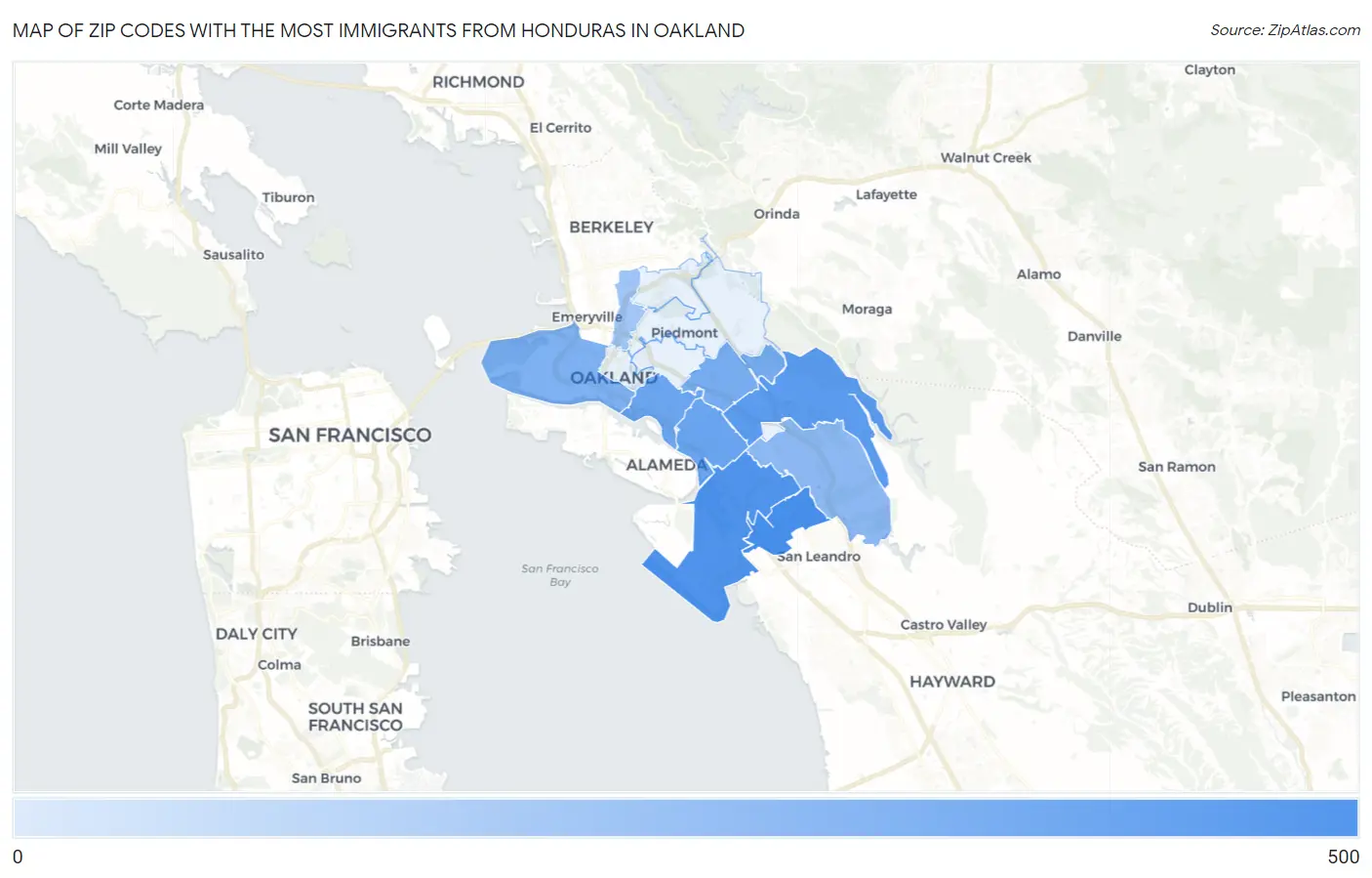 Zip Codes with the Most Immigrants from Honduras in Oakland Map