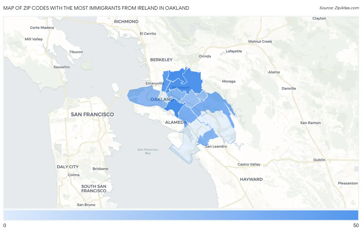 Zip Codes with the Most Immigrants from Ireland in Oakland Map