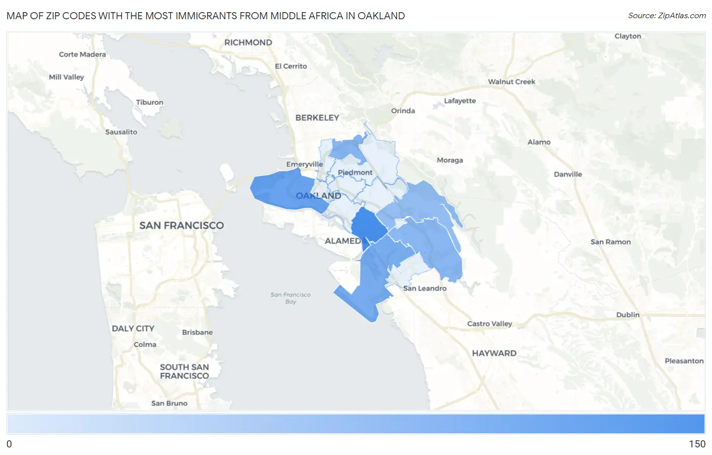 Zip Codes with the Most Immigrants from Middle Africa in Oakland Map