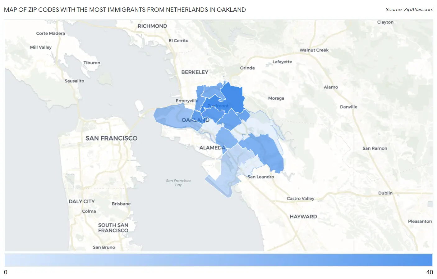 Zip Codes with the Most Immigrants from Netherlands in Oakland Map