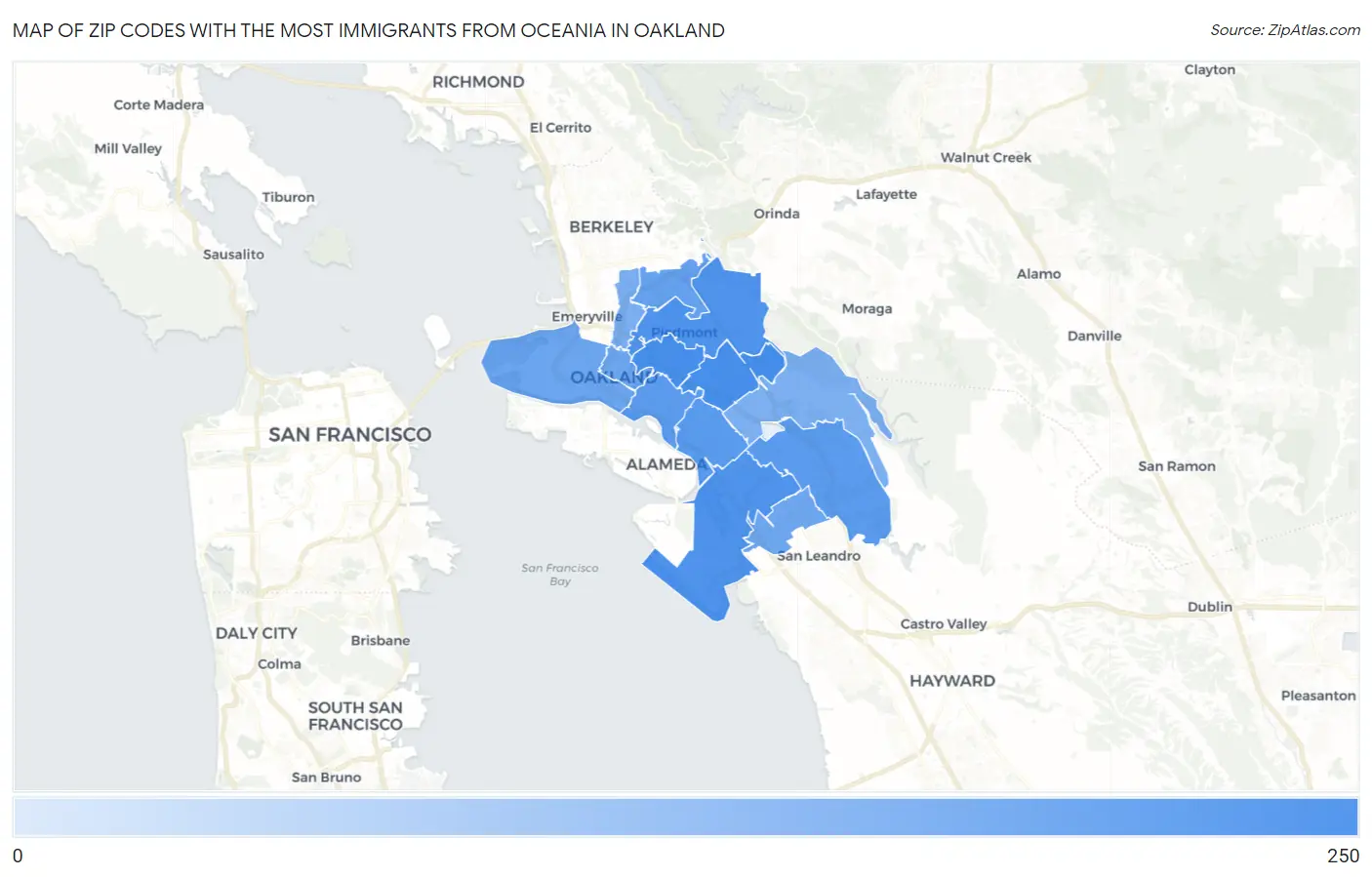 Zip Codes with the Most Immigrants from Oceania in Oakland Map