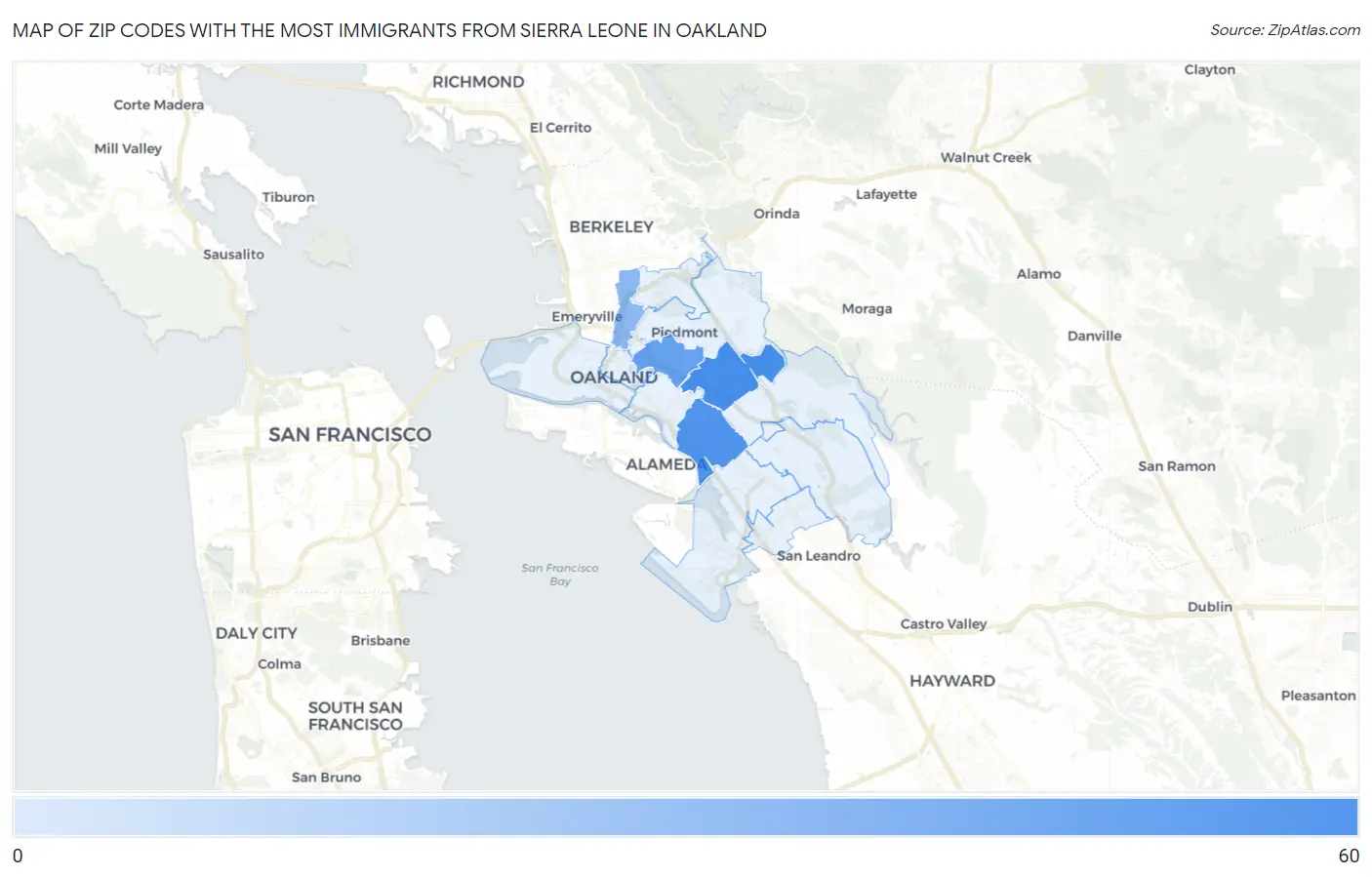 Zip Codes with the Most Immigrants from Sierra Leone in Oakland Map