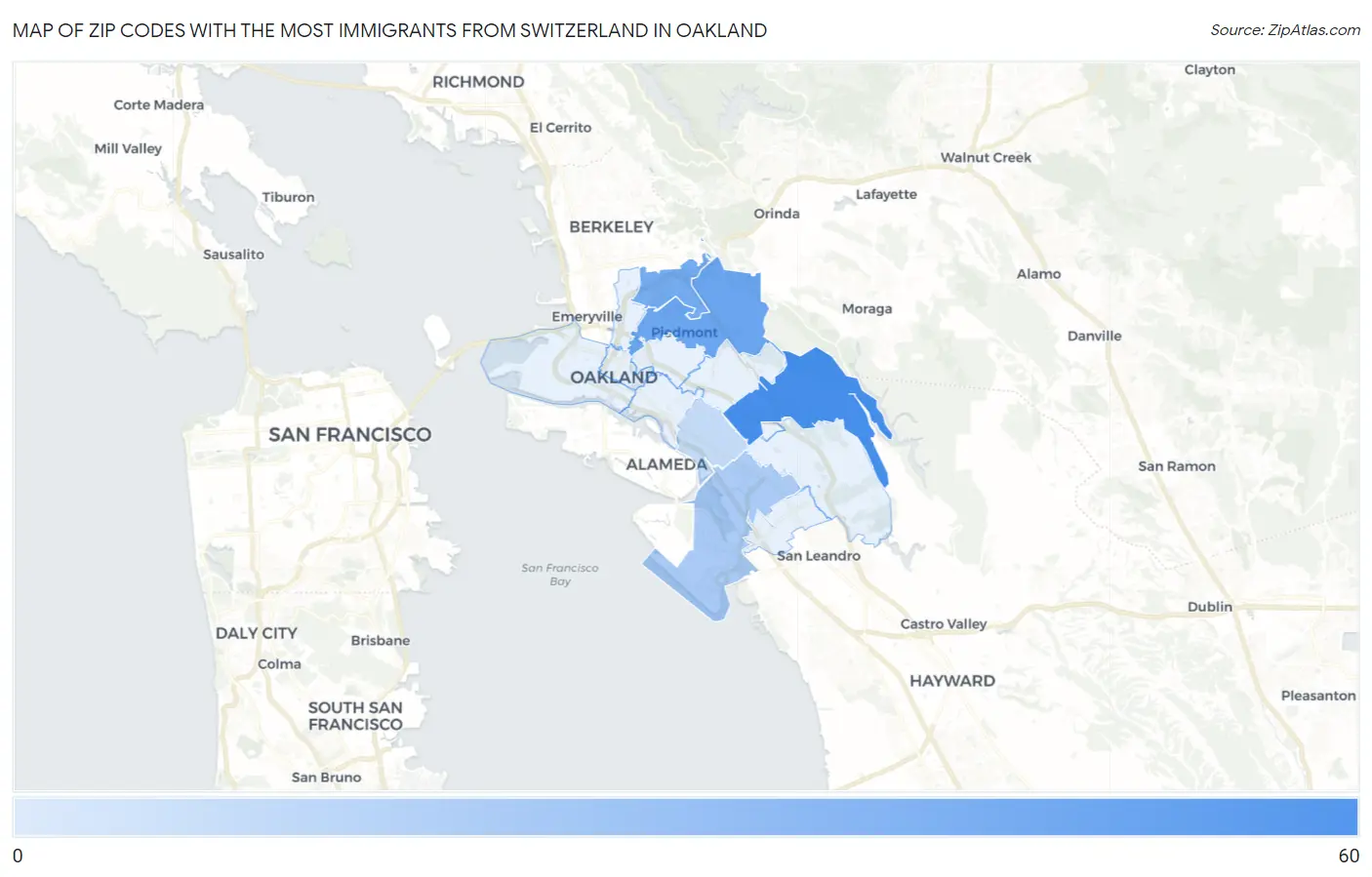 Zip Codes with the Most Immigrants from Switzerland in Oakland Map