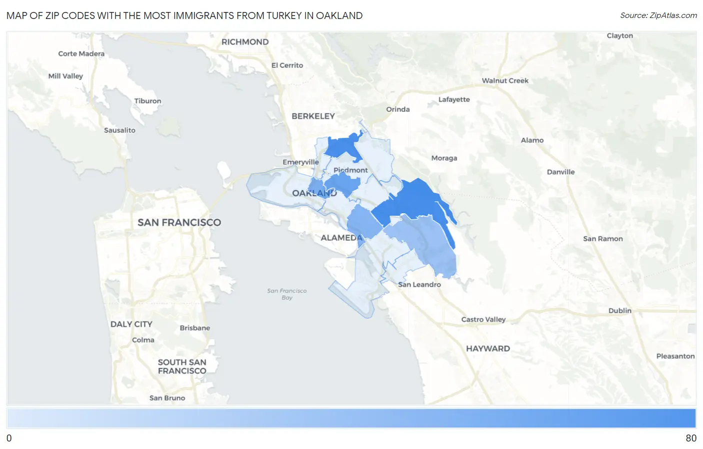 Zip Codes with the Most Immigrants from Turkey in Oakland Map