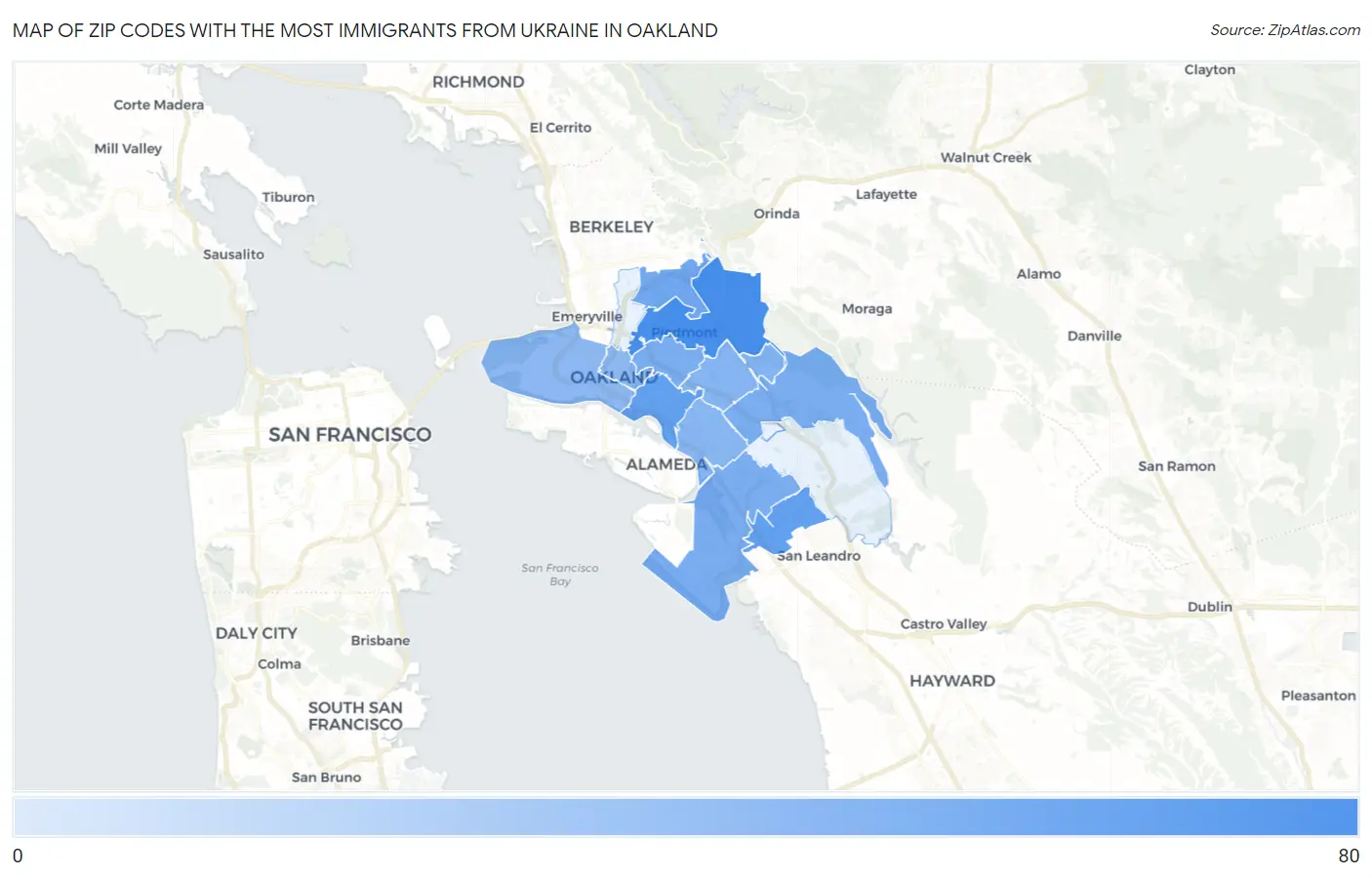 Zip Codes with the Most Immigrants from Ukraine in Oakland Map