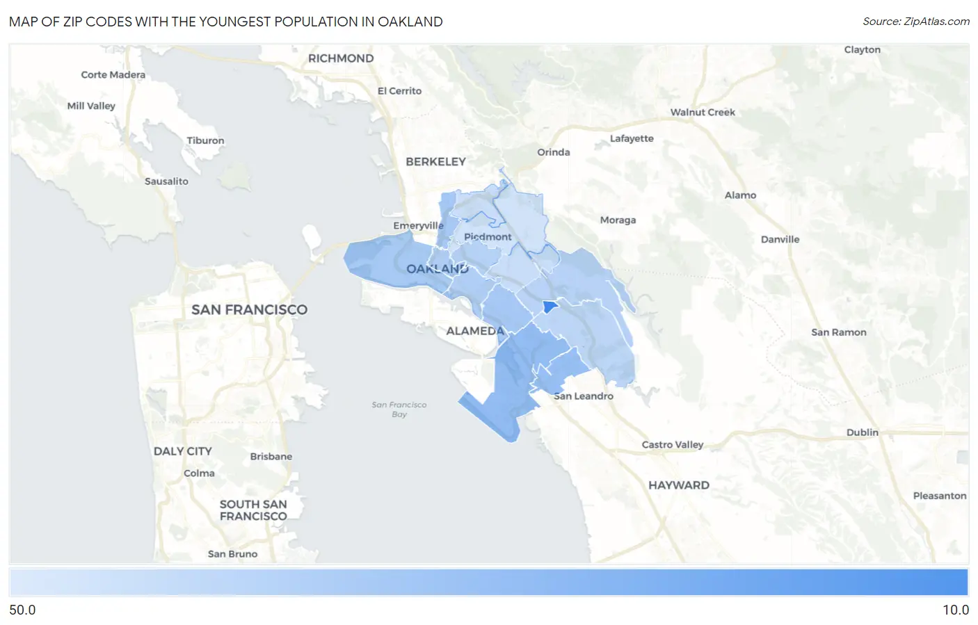 Zip Codes with the Youngest Population in Oakland Map