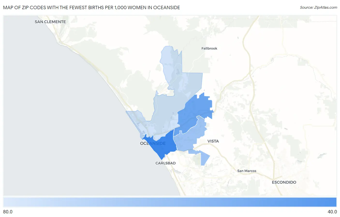 Zip Codes with the Fewest Births per 1,000 Women in Oceanside Map