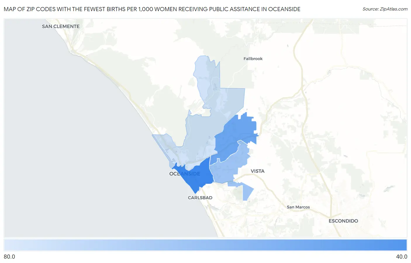 Zip Codes with the Fewest Births per 1,000 Women Receiving Public Assitance in Oceanside Map