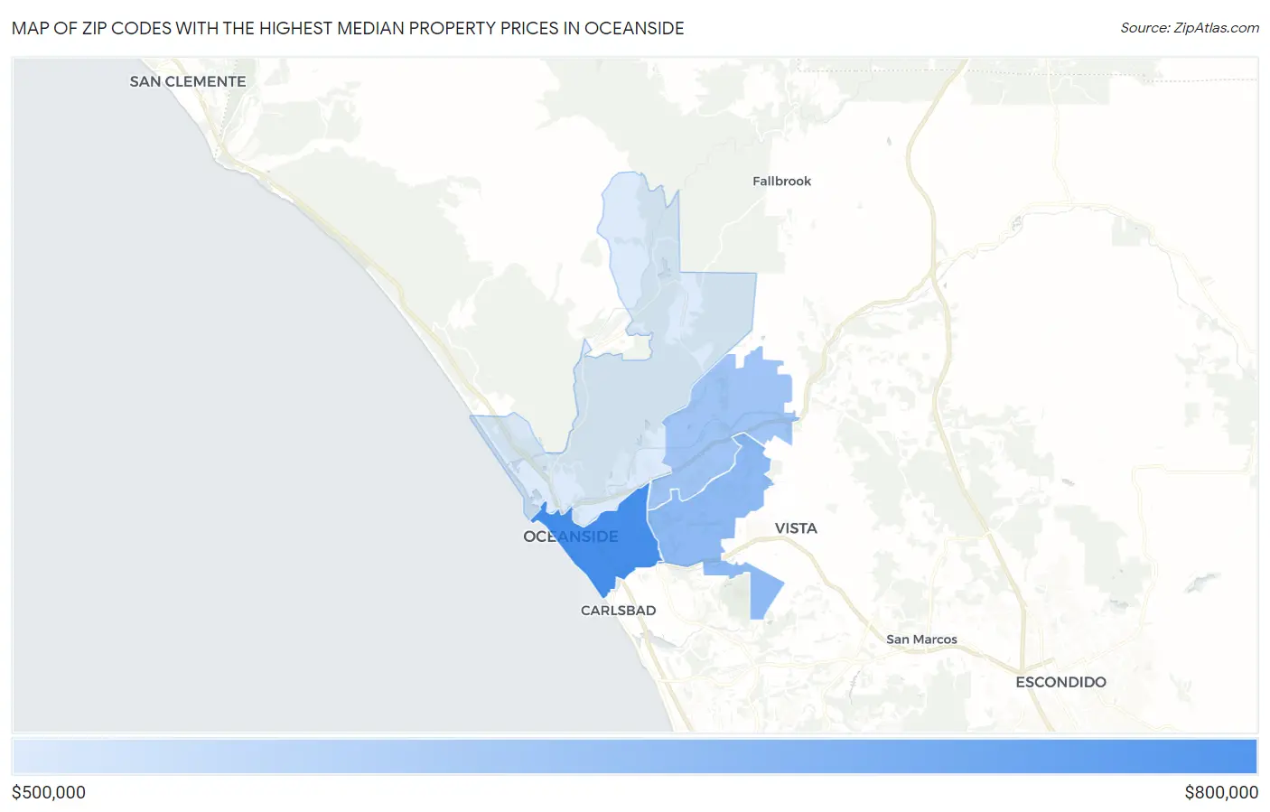 Zip Codes with the Highest Median Property Prices in Oceanside Map