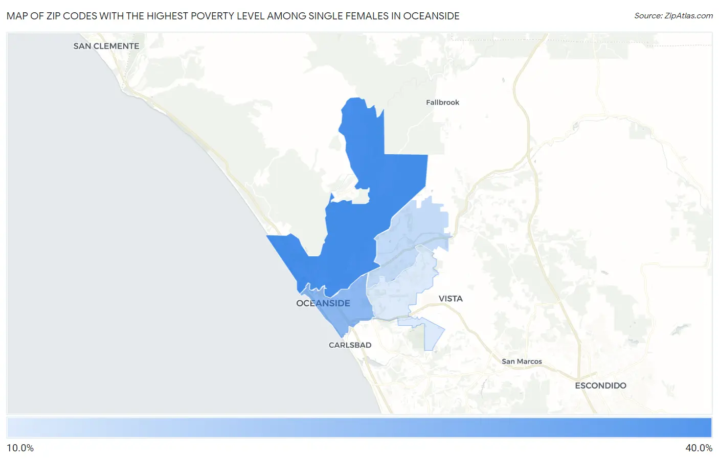Zip Codes with the Highest Poverty Level Among Single Females in Oceanside Map